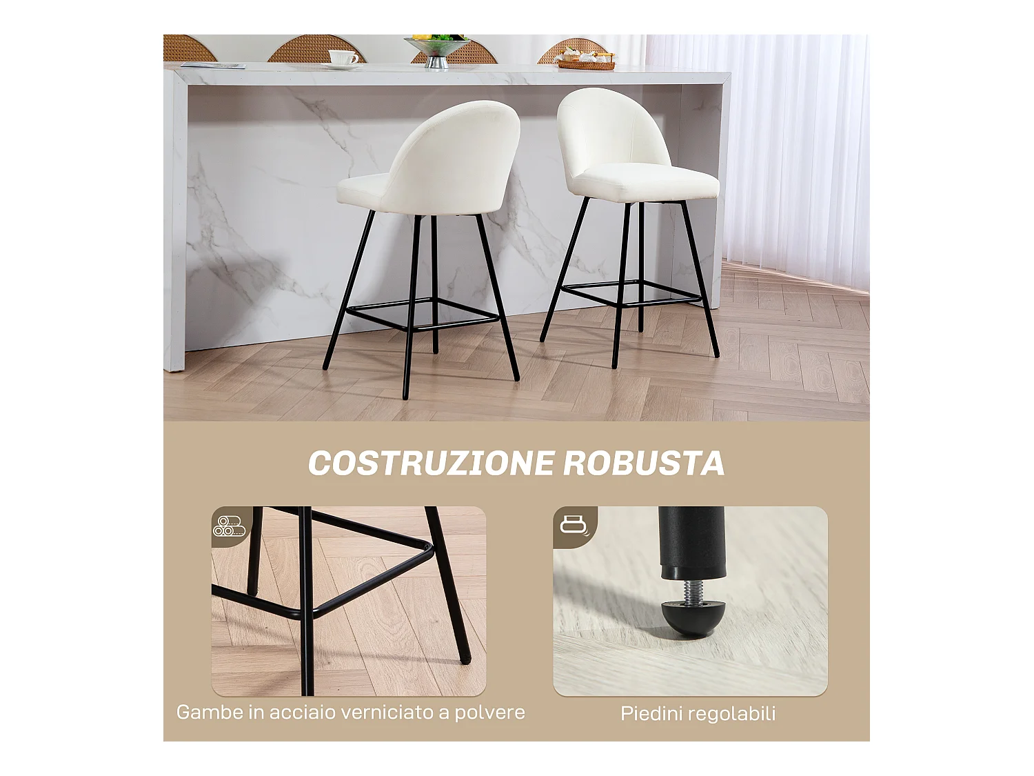 Set 2 sgabelli da bar con schienale e poggiapiedi in velluto crema