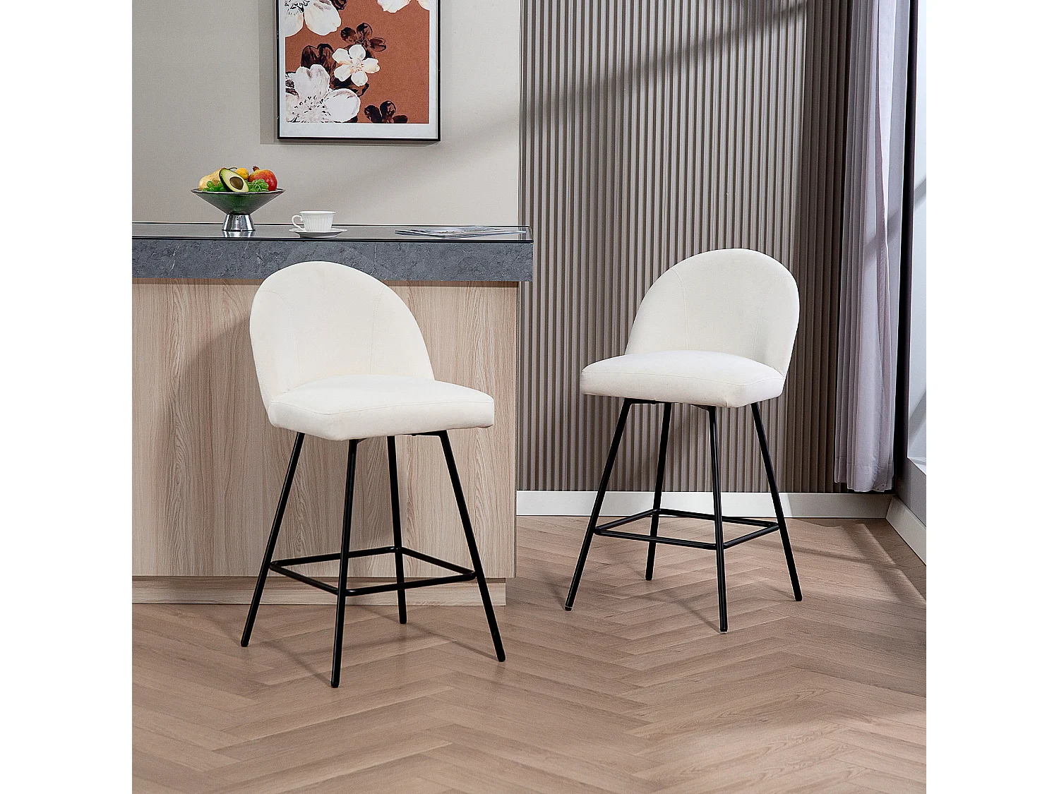 Set 2 sgabelli da bar con schienale e poggiapiedi in velluto crema
