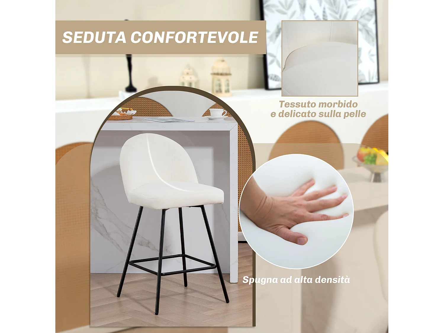 Set 2 sgabelli da bar con schienale e poggiapiedi in velluto crema