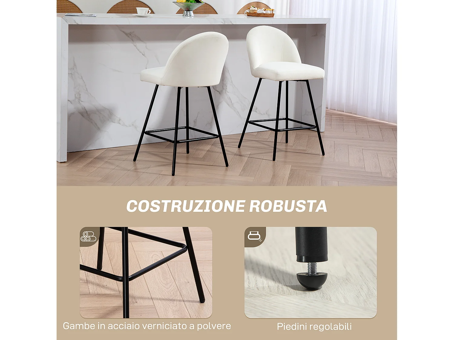 Set 2 sgabelli da bar con schienale e poggiapiedi in velluto crema