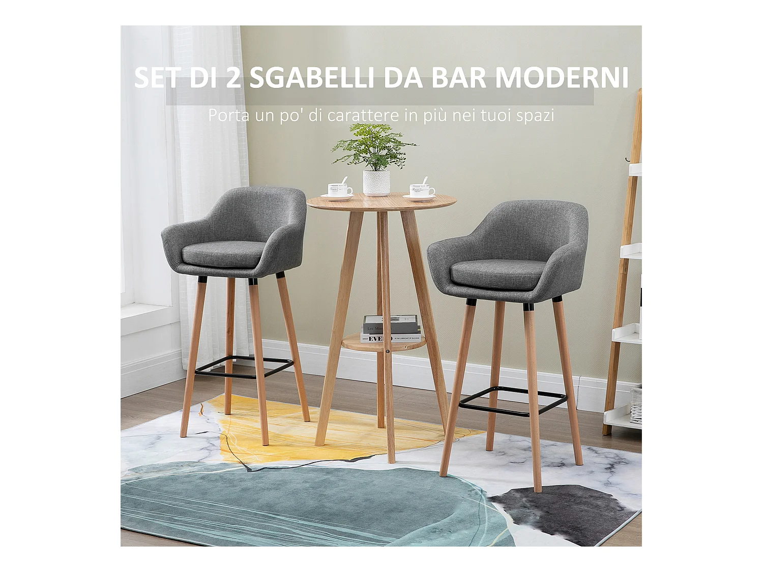 Set 2 sgabelli da bar con schienale e cuscino in tessuto grigio