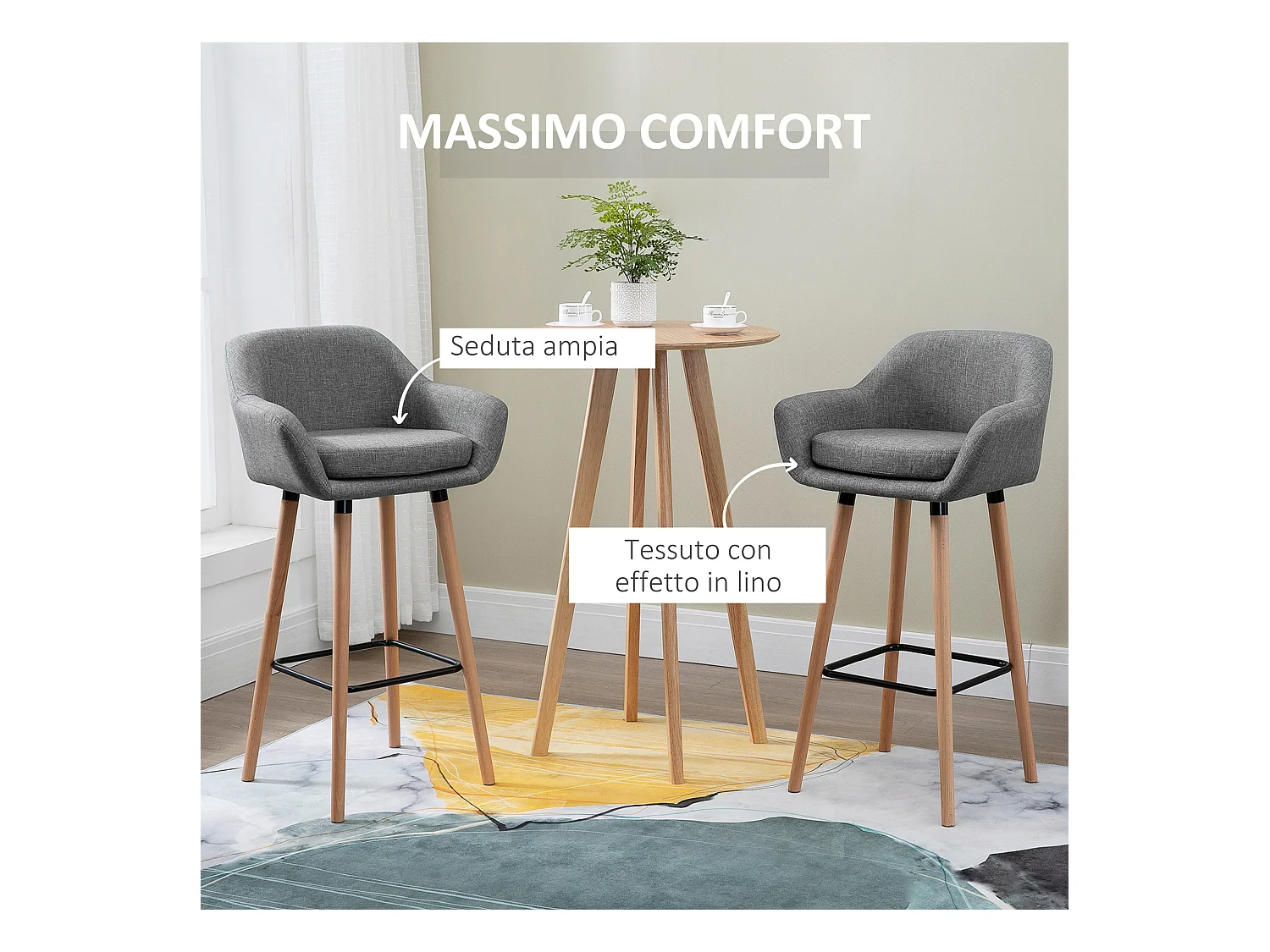 Set 2 sgabelli da bar con schienale e cuscino in tessuto grigio