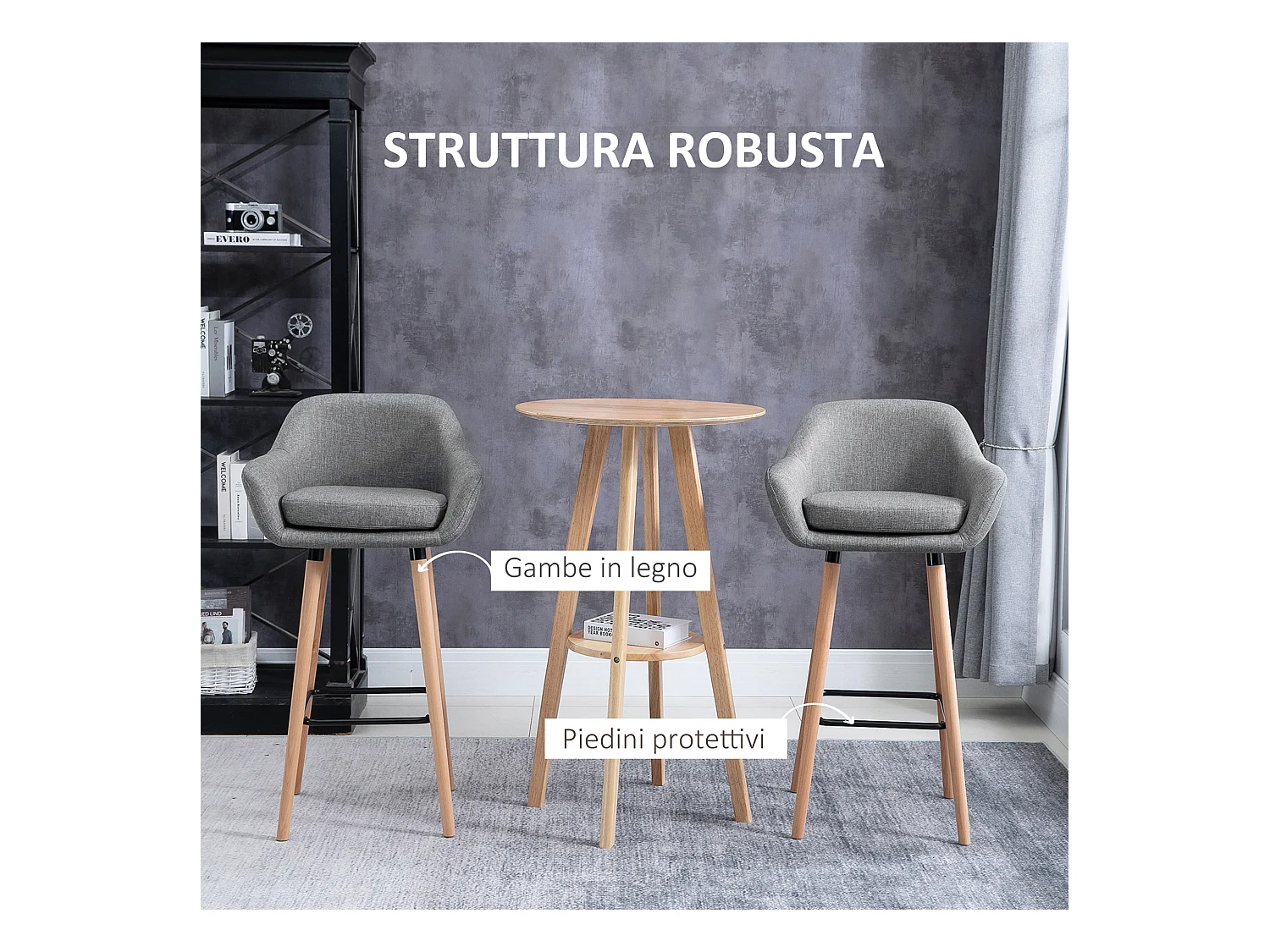 Set 2 sgabelli da bar con schienale e cuscino in tessuto grigio