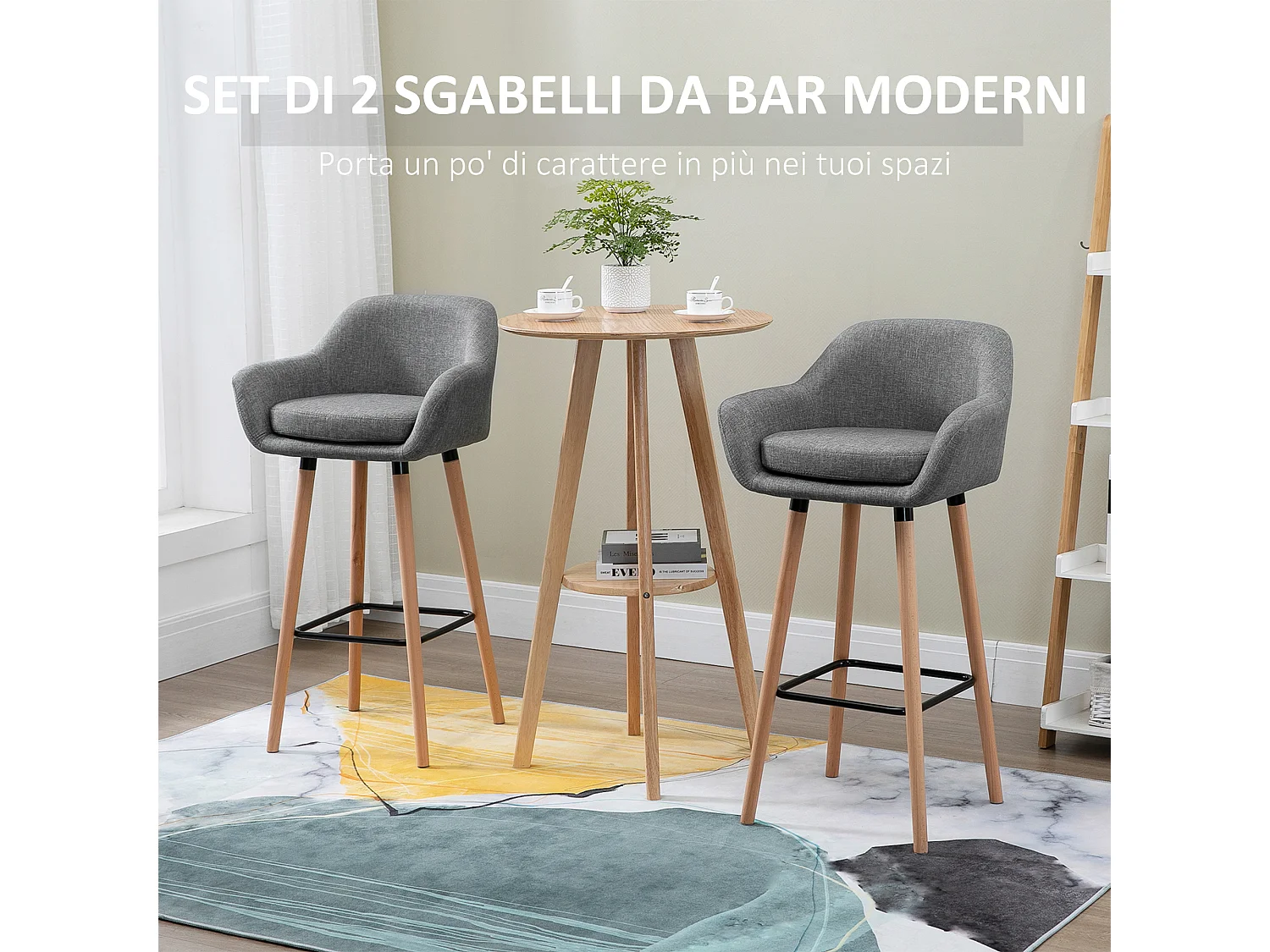 Set 2 sgabelli da bar con schienale e cuscino in tessuto grigio