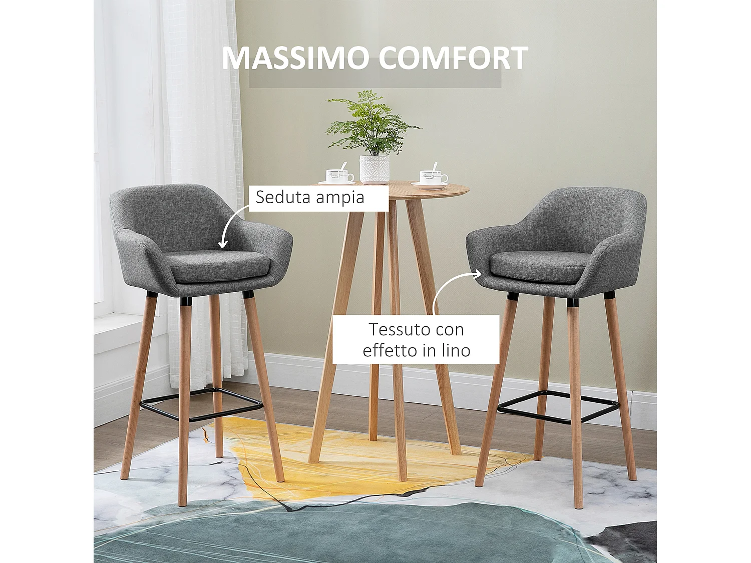 Set 2 sgabelli da bar con schienale e cuscino in tessuto grigio
