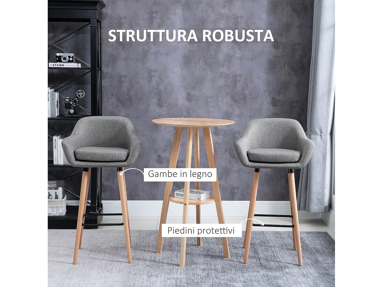 Set 2 sgabelli da bar con schienale e cuscino in tessuto grigio