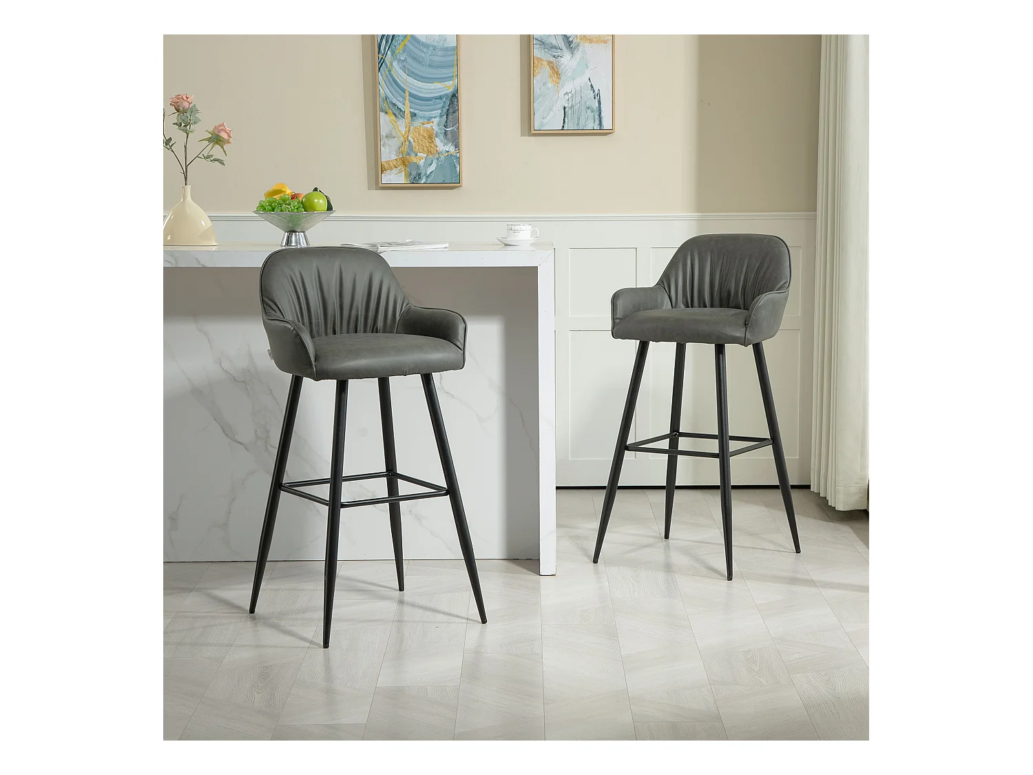 Set 2 sgabelli da bar con poggiapiedi in finta pelle grigio