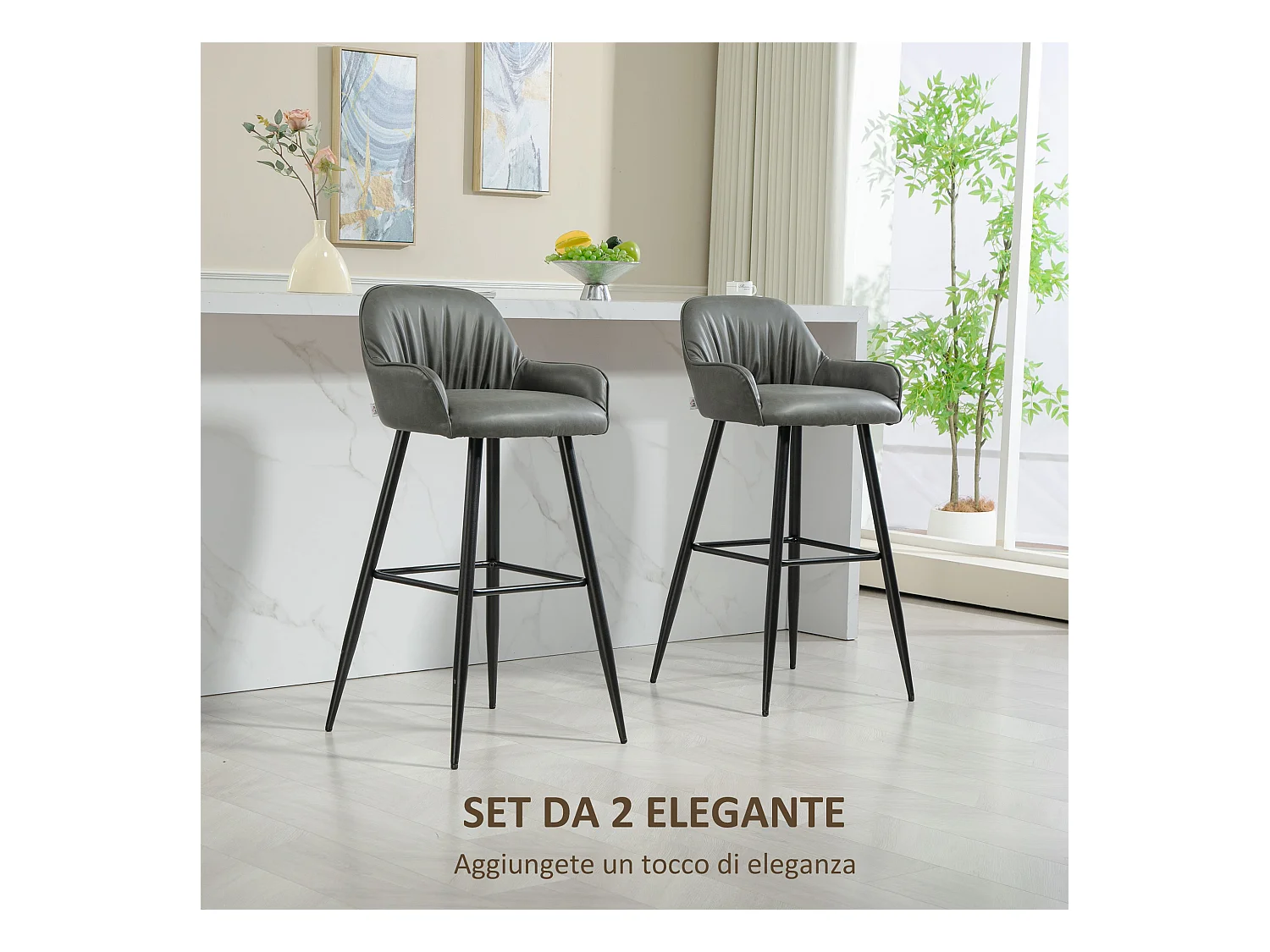 Set 2 sgabelli da bar con poggiapiedi in finta pelle grigio