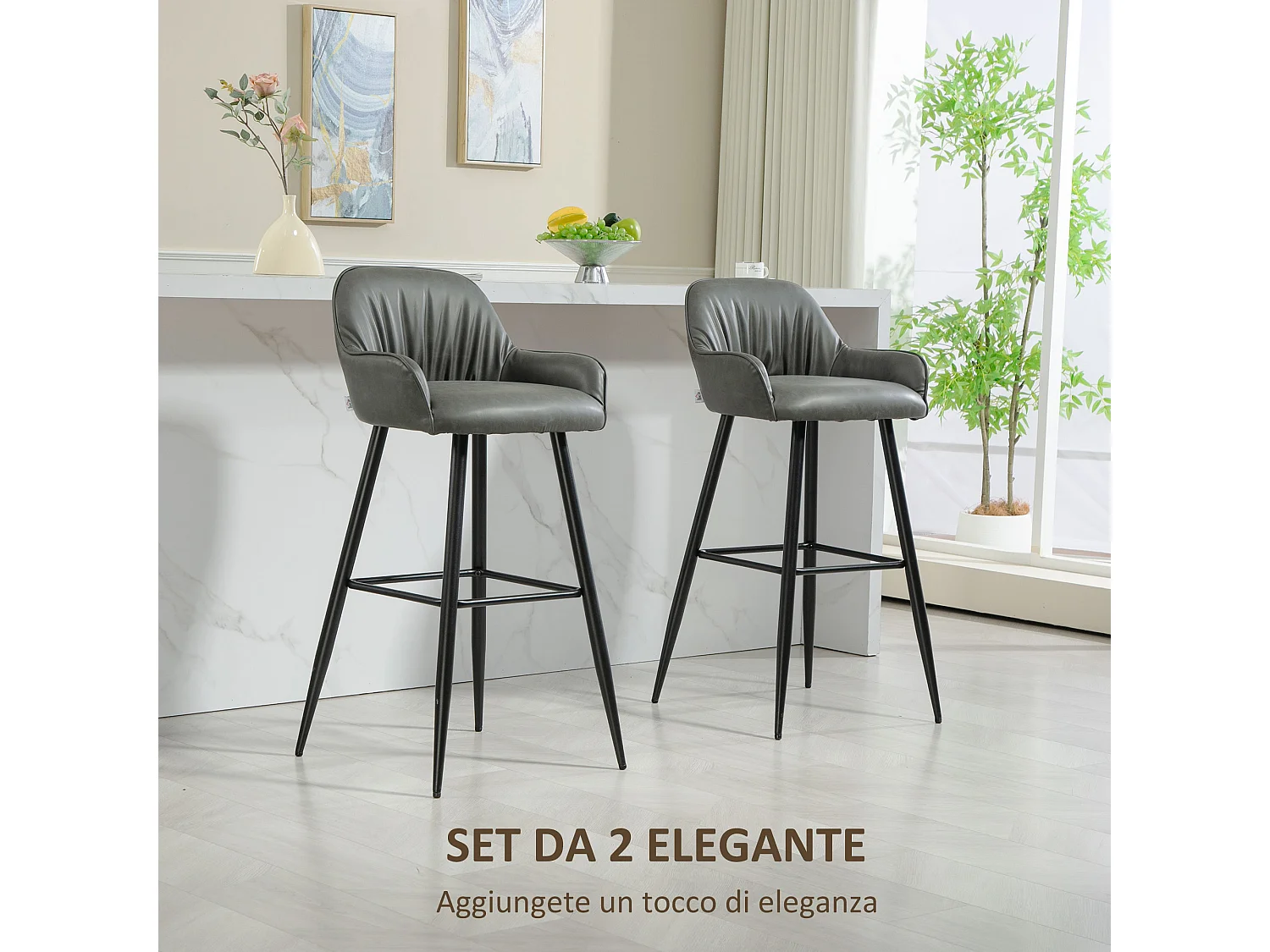 Set 2 sgabelli da bar con poggiapiedi in finta pelle grigio