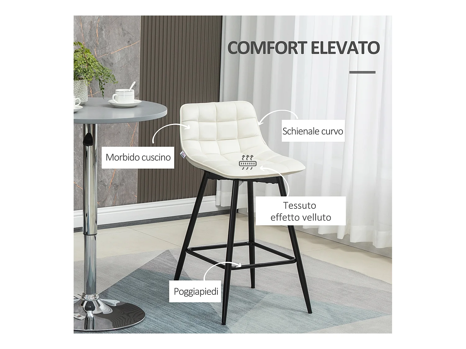 Set 2 sgabelli da bar in velluto con schienale e poggiapiedi