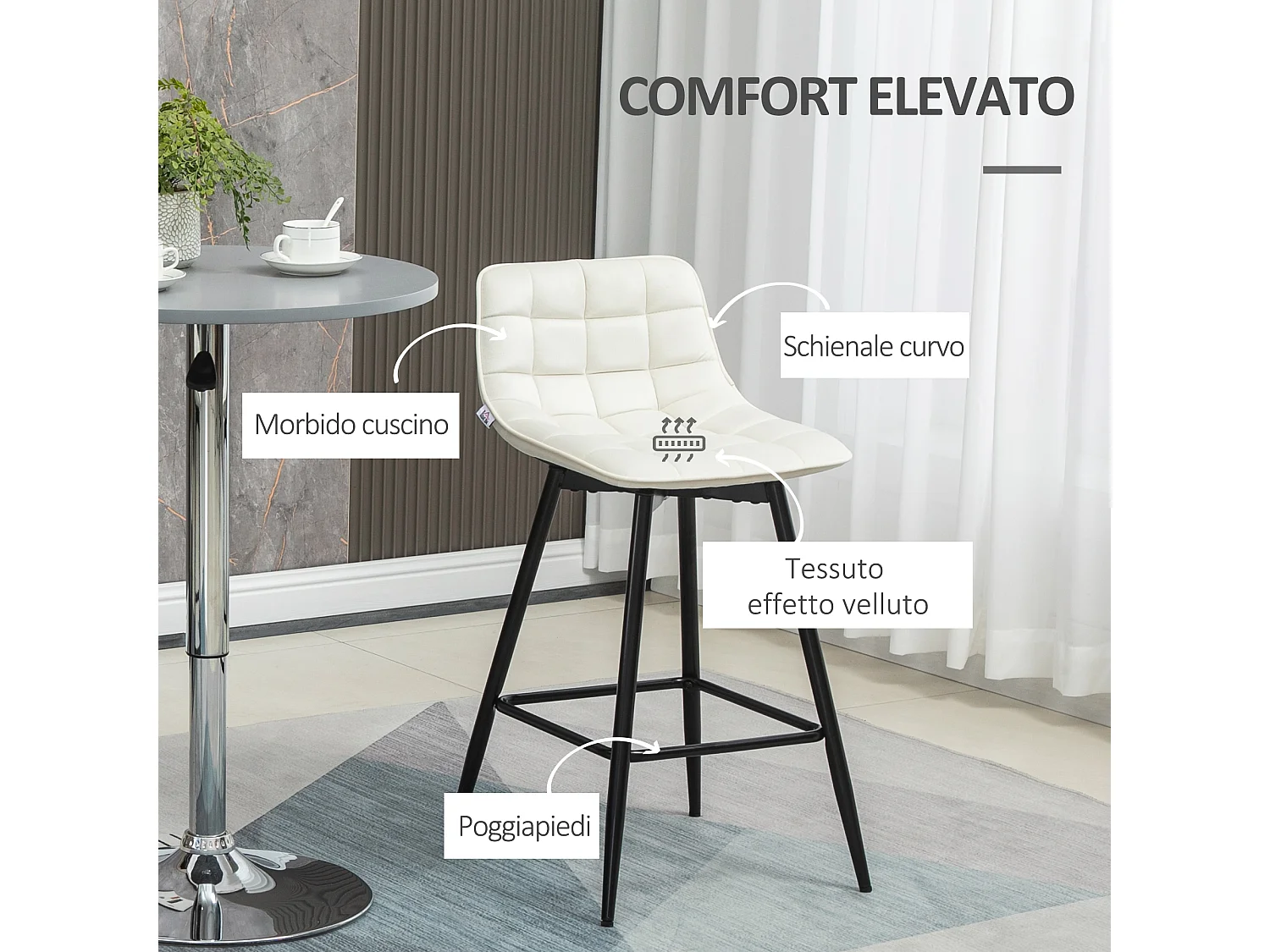 Set 2 sgabelli da bar in velluto con schienale e poggiapiedi