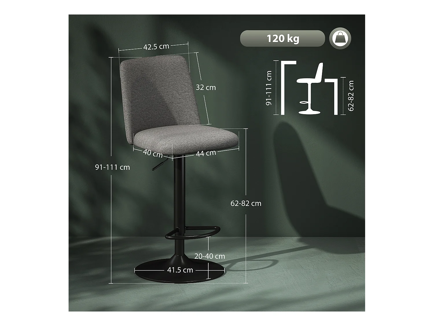 Set 2 sgabelli da bar girevoli ad altezza regolabile grigio scuro