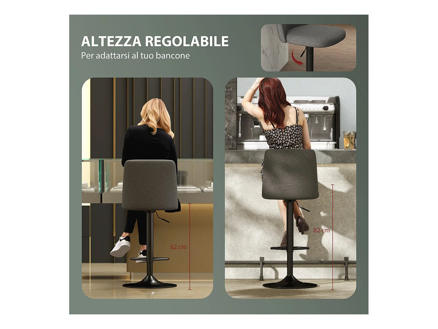 Set 2 sgabelli da bar girevoli ad altezza regolabile grigio scuro