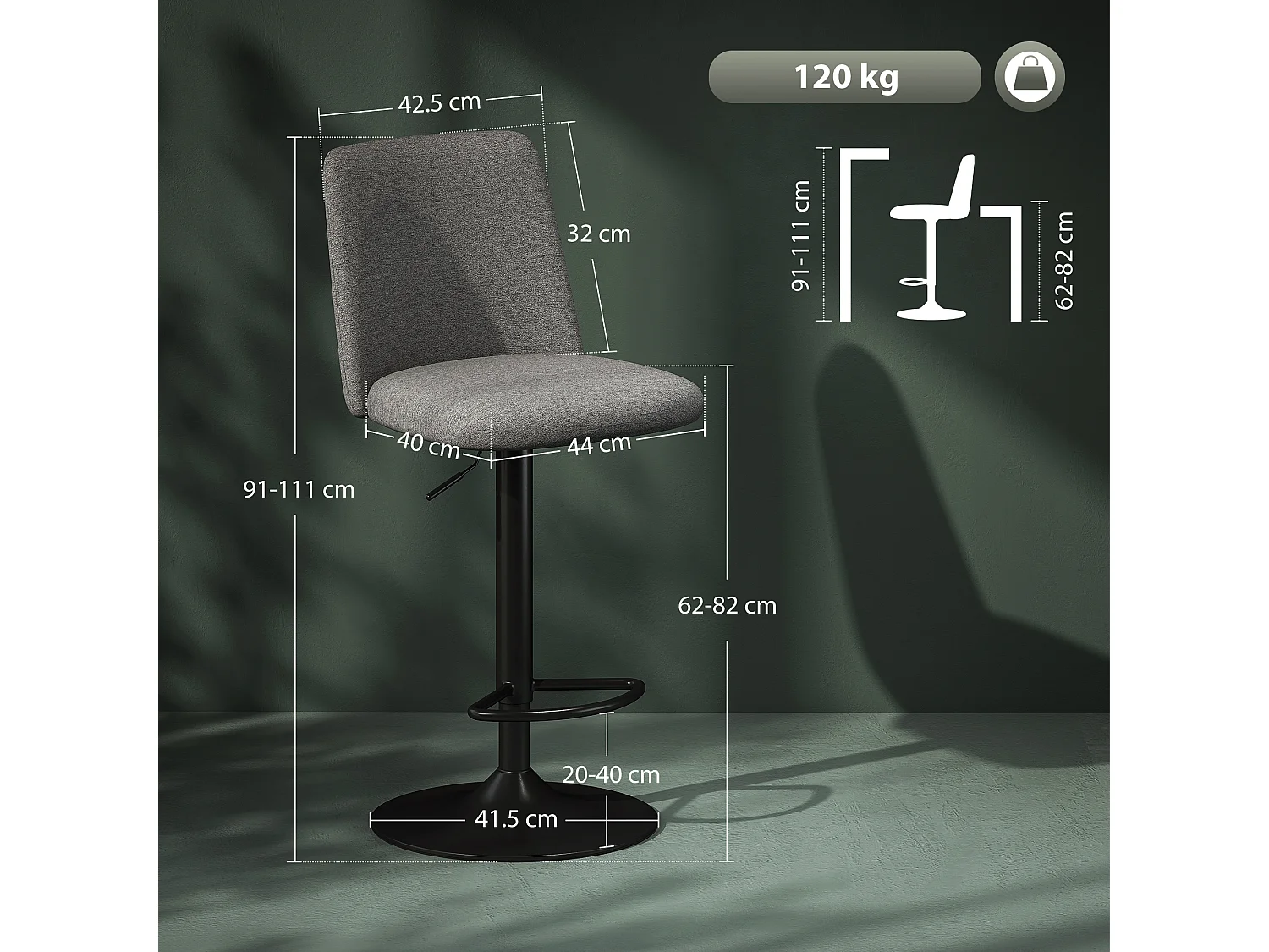 Set 2 sgabelli da bar girevoli ad altezza regolabile grigio scuro