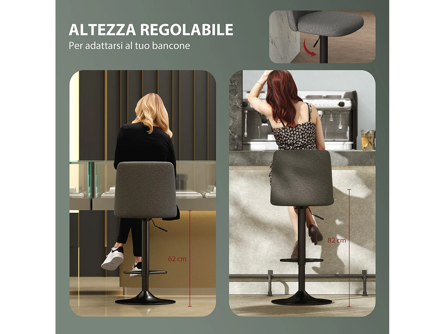 Set 2 sgabelli da bar girevoli ad altezza regolabile grigio scuro