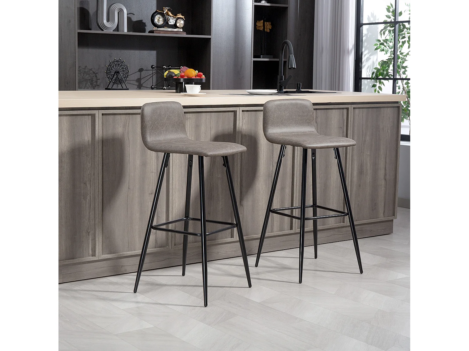 Set 2 sgabelli da bar con schienale basso e poggiapiedi in pu marrone