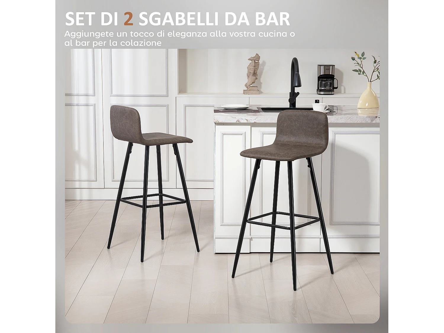 Set 2 sgabelli da bar con schienale basso e poggiapiedi in pu marrone