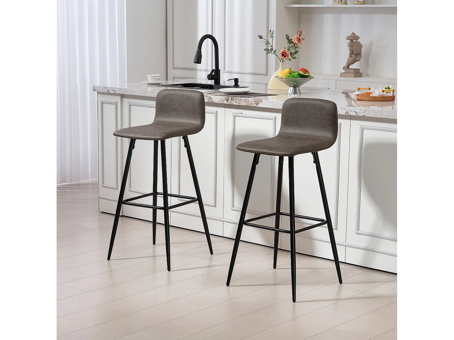 Set 2 sgabelli da bar con schienale basso e poggiapiedi in pu marrone