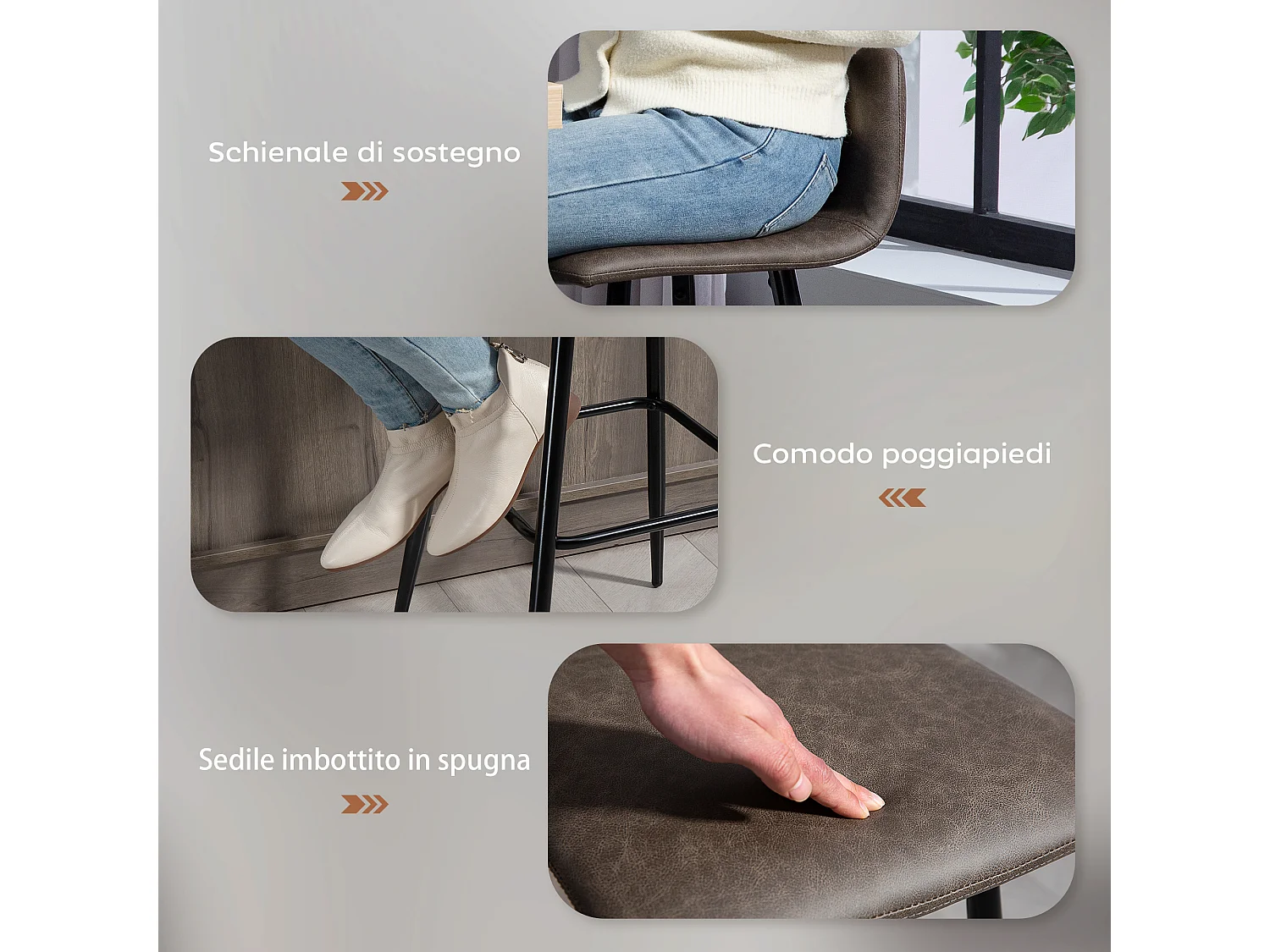 Set 2 sgabelli da bar con schienale basso e poggiapiedi in pu marrone