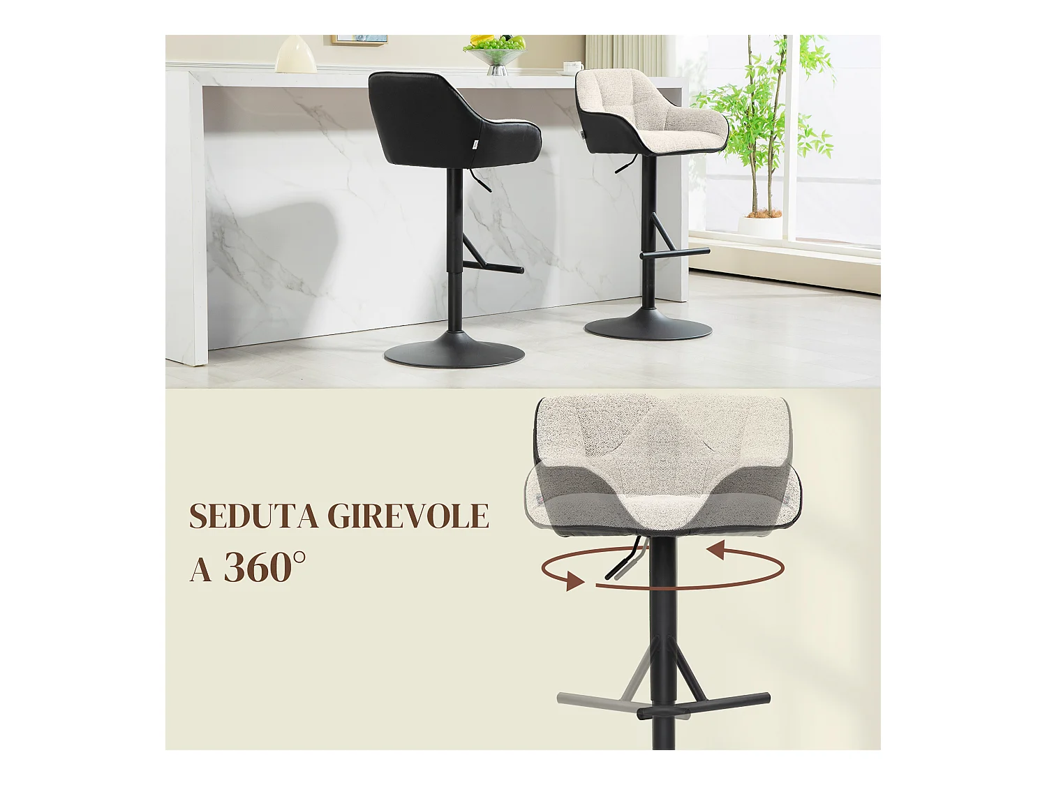 Set 2 sgabelli moderni regolabili con schienale braccioli nero grigio