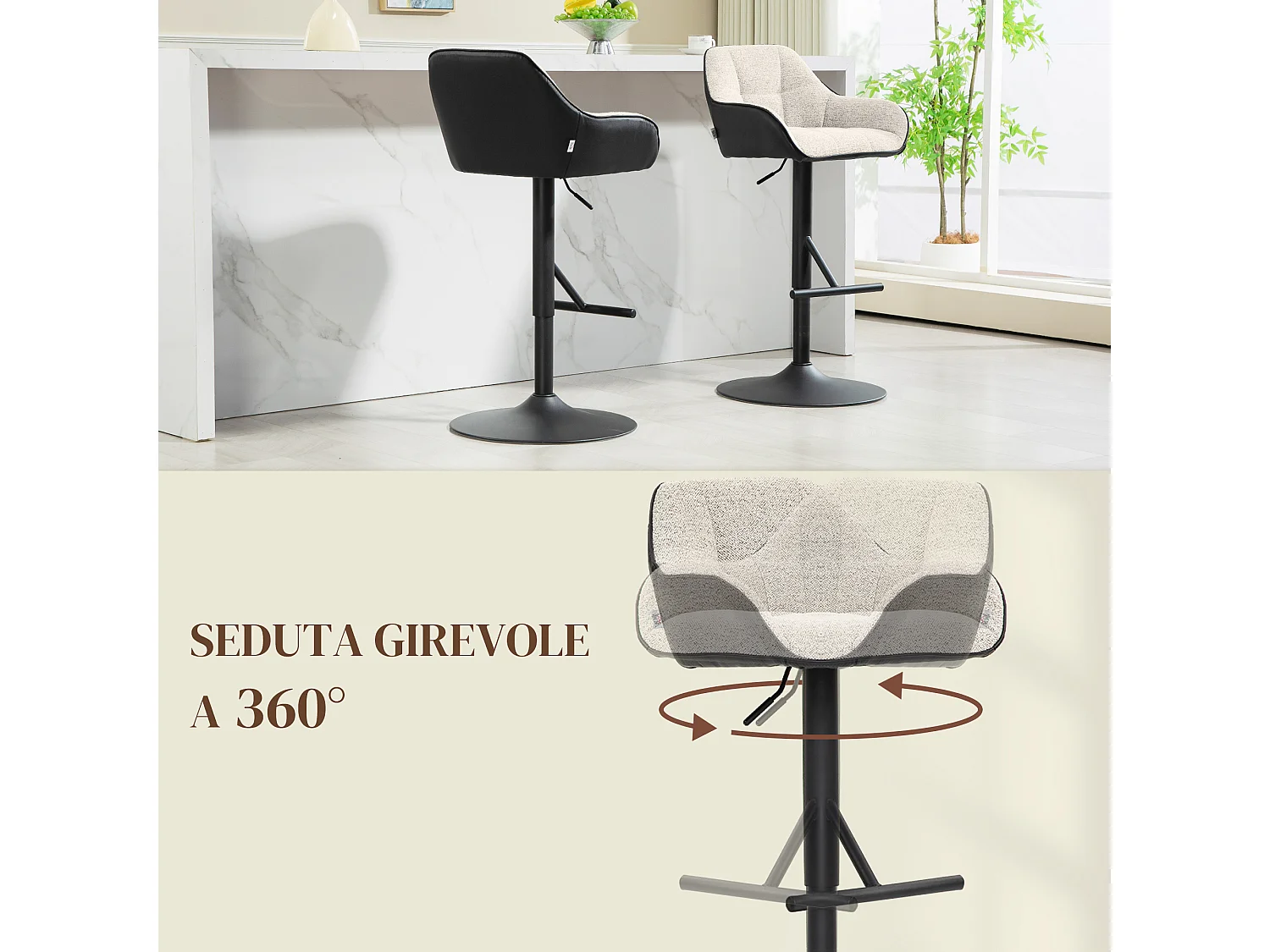 Set 2 sgabelli moderni regolabili con schienale braccioli nero grigio