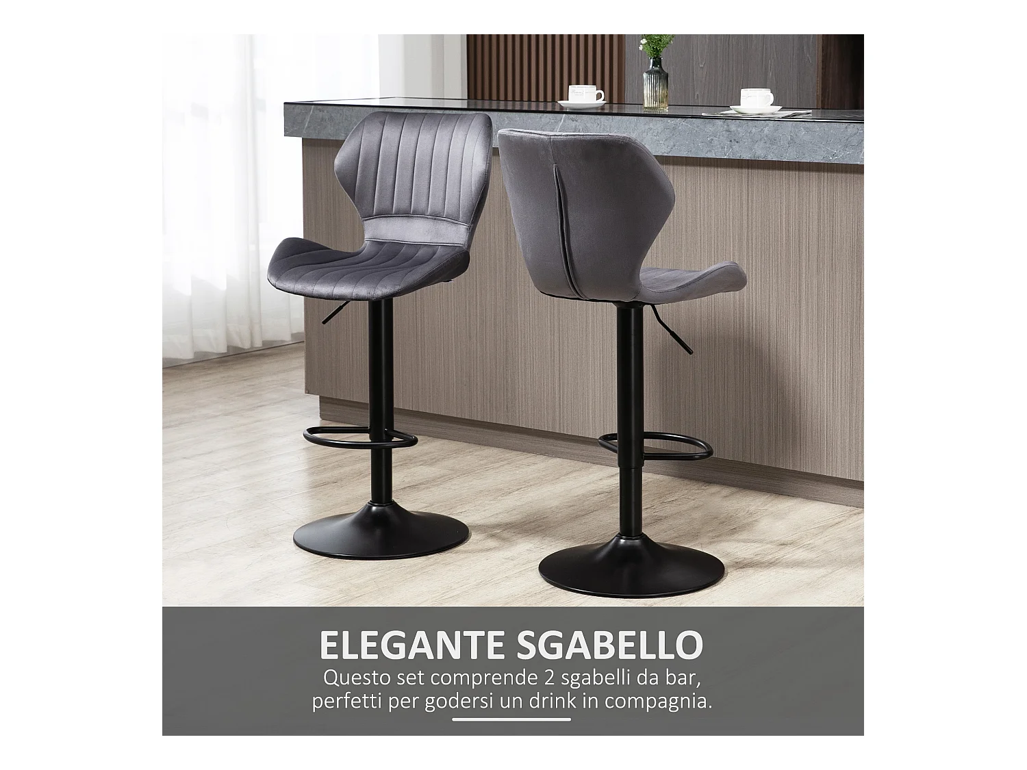 Set 2 sgabelli bar girevoli effetto velluto altezza regolabile