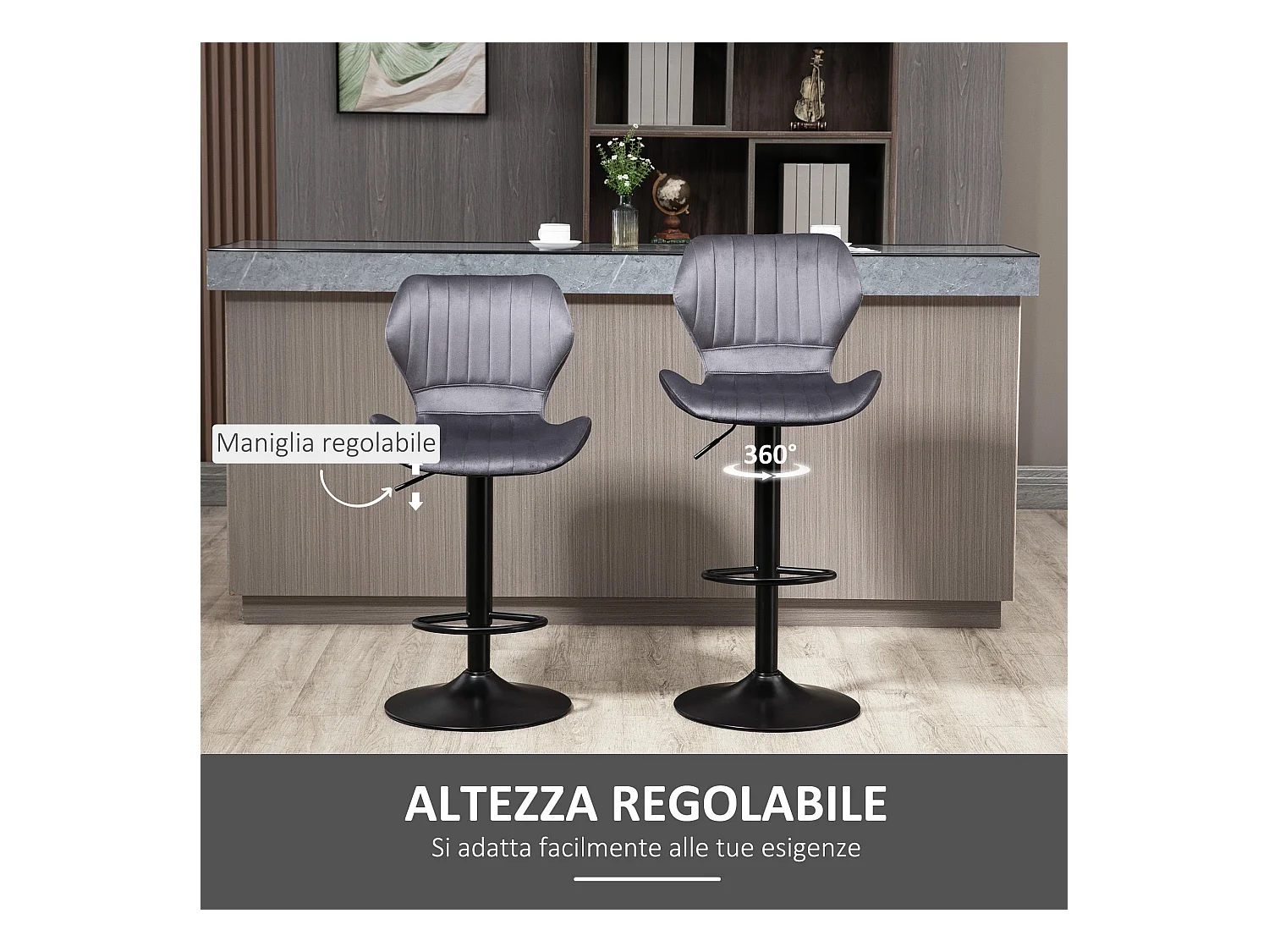 Set 2 sgabelli bar girevoli effetto velluto altezza regolabile