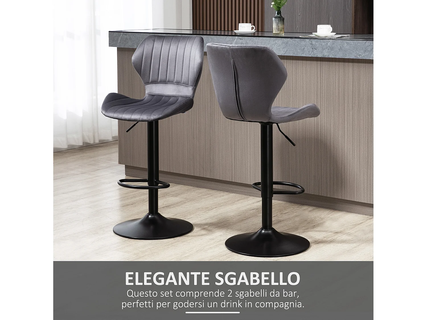 Set 2 sgabelli bar girevoli effetto velluto altezza regolabile