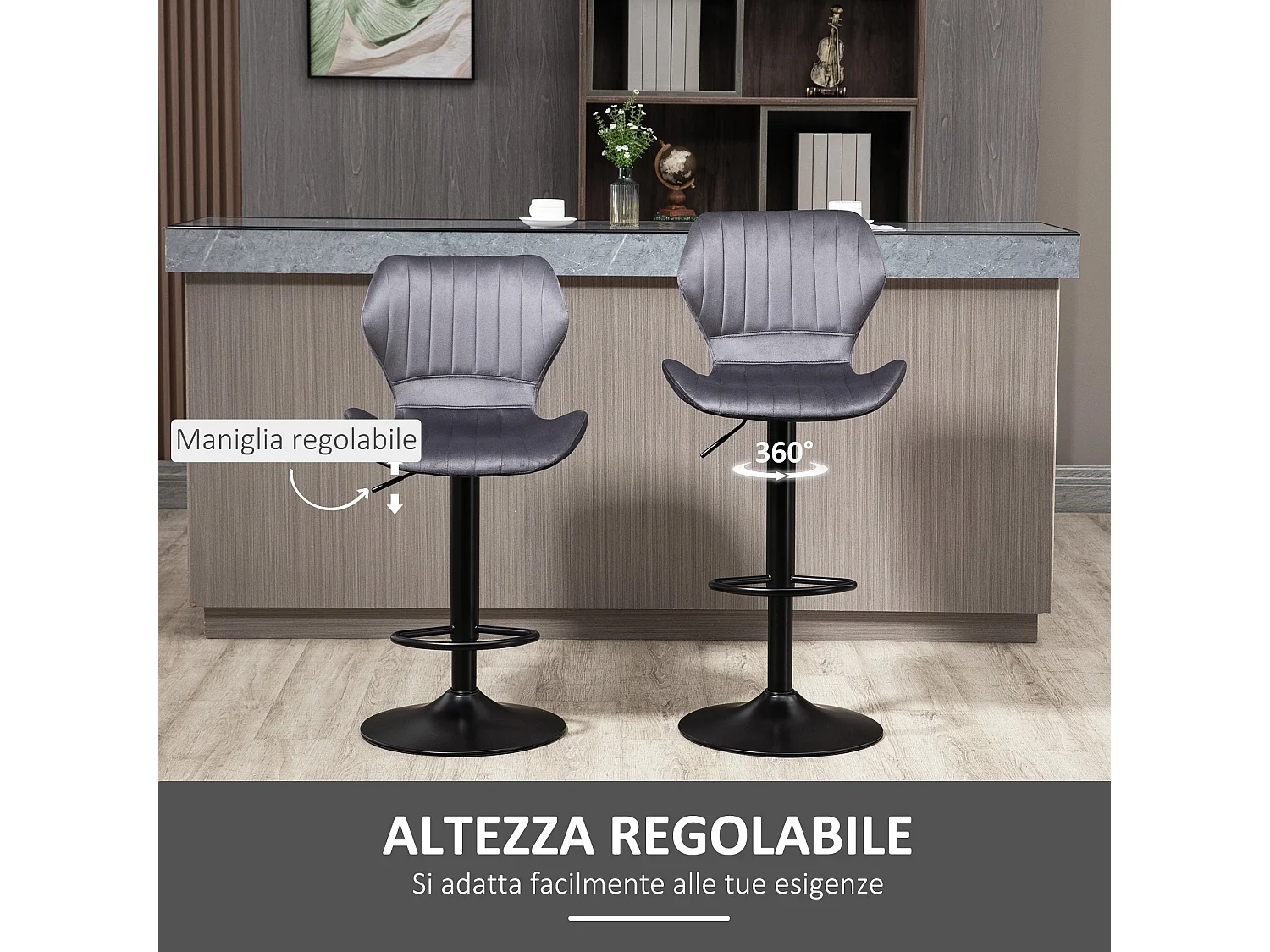 Set 2 sgabelli bar girevoli effetto velluto altezza regolabile