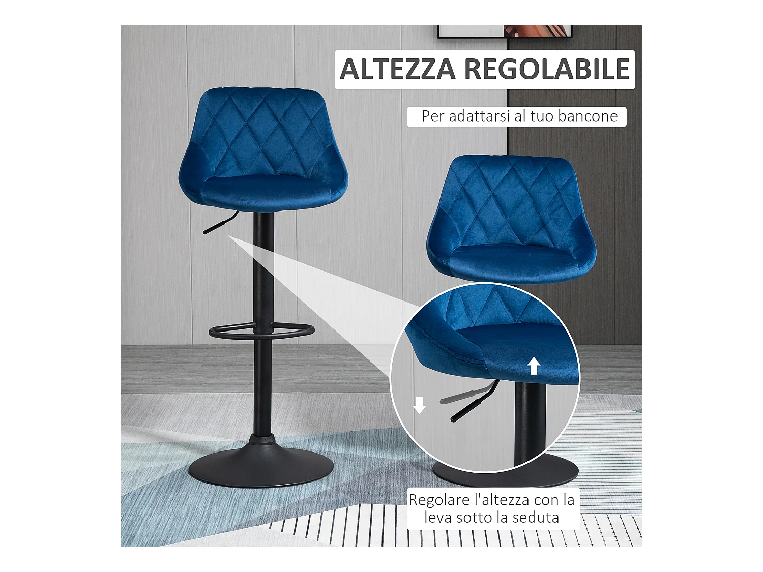 Set 2 Sgabelli da Bar Girevoli Velluto Blu Altezza Regolabile
