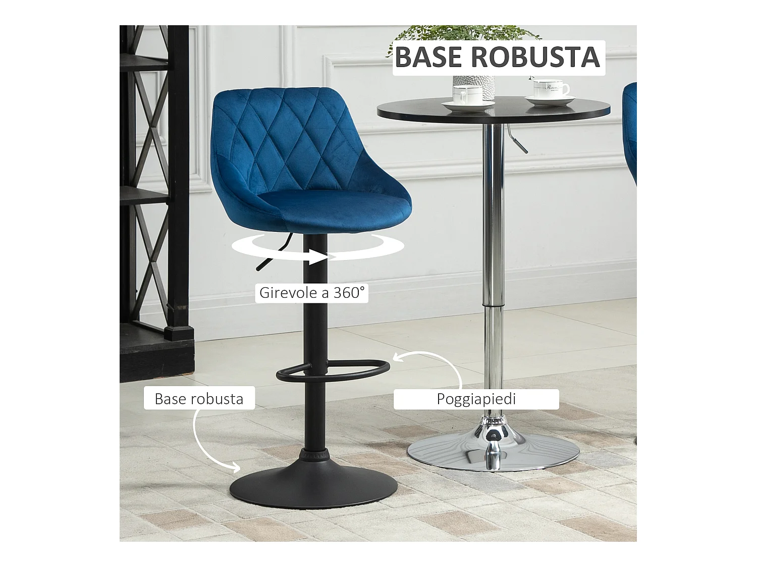 Set 2 Sgabelli da Bar Girevoli Velluto Blu Altezza Regolabile