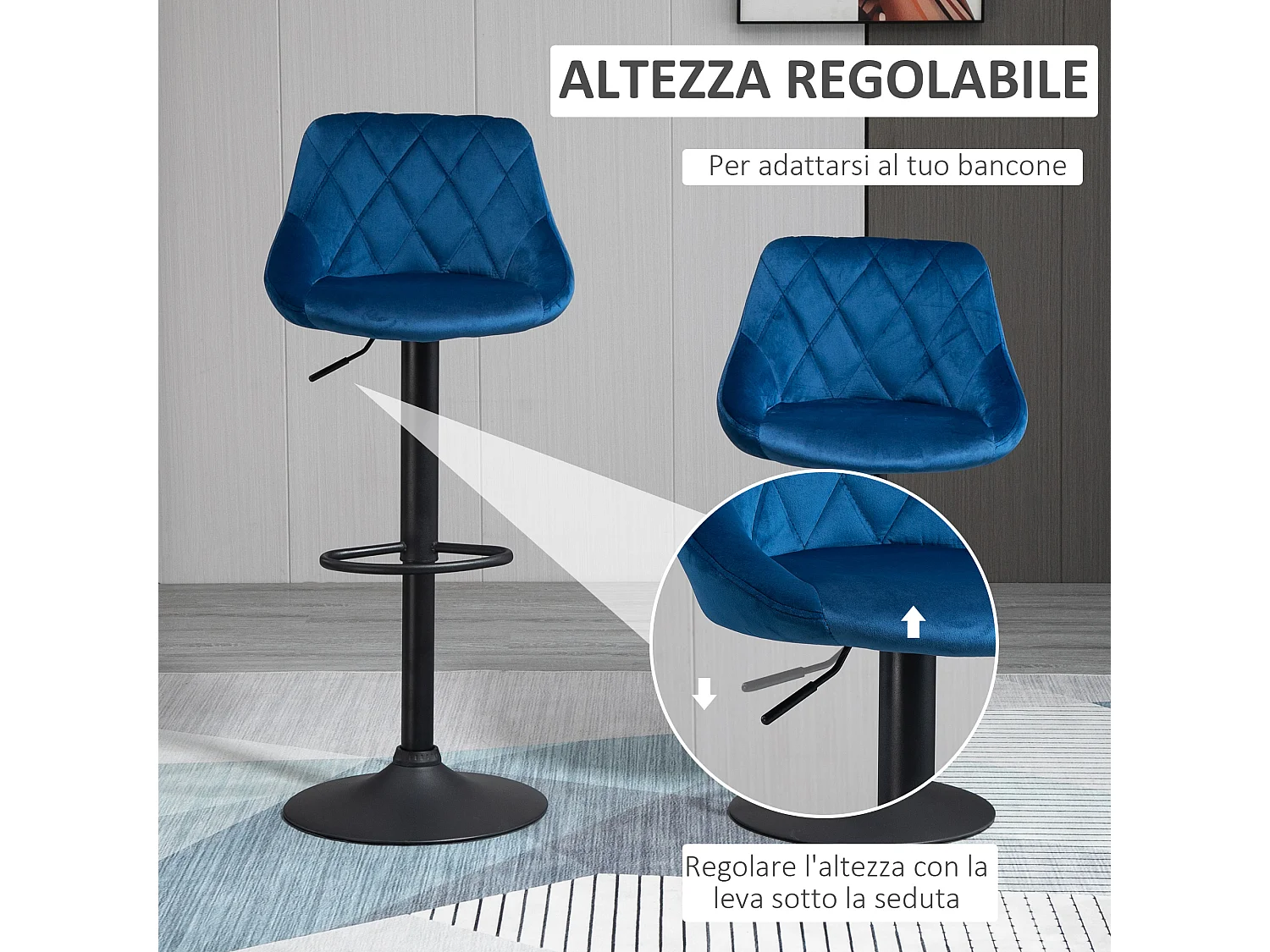 Set 2 Sgabelli da Bar Girevoli Velluto Blu Altezza Regolabile