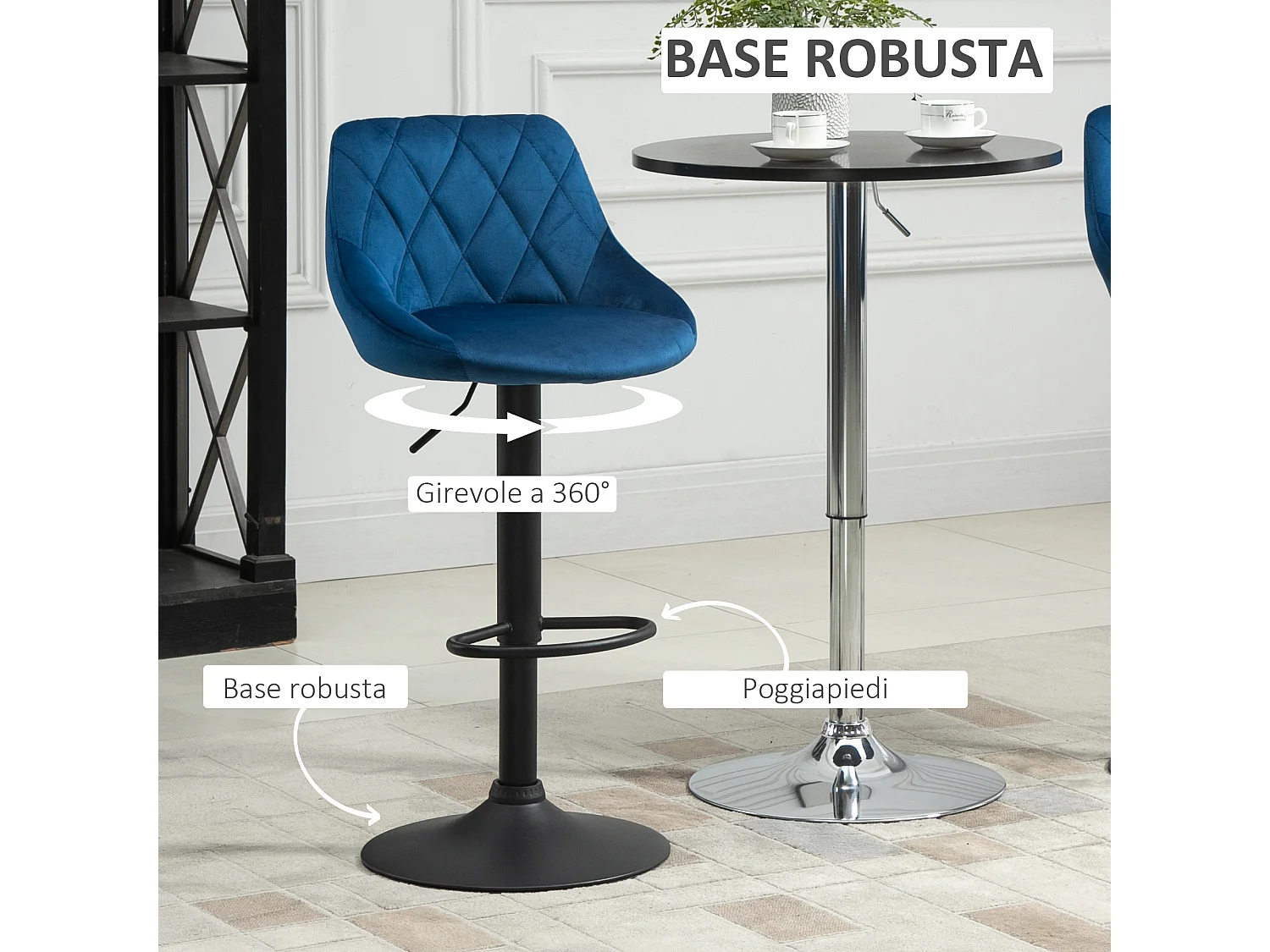 Set 2 Sgabelli da Bar Girevoli Velluto Blu Altezza Regolabile