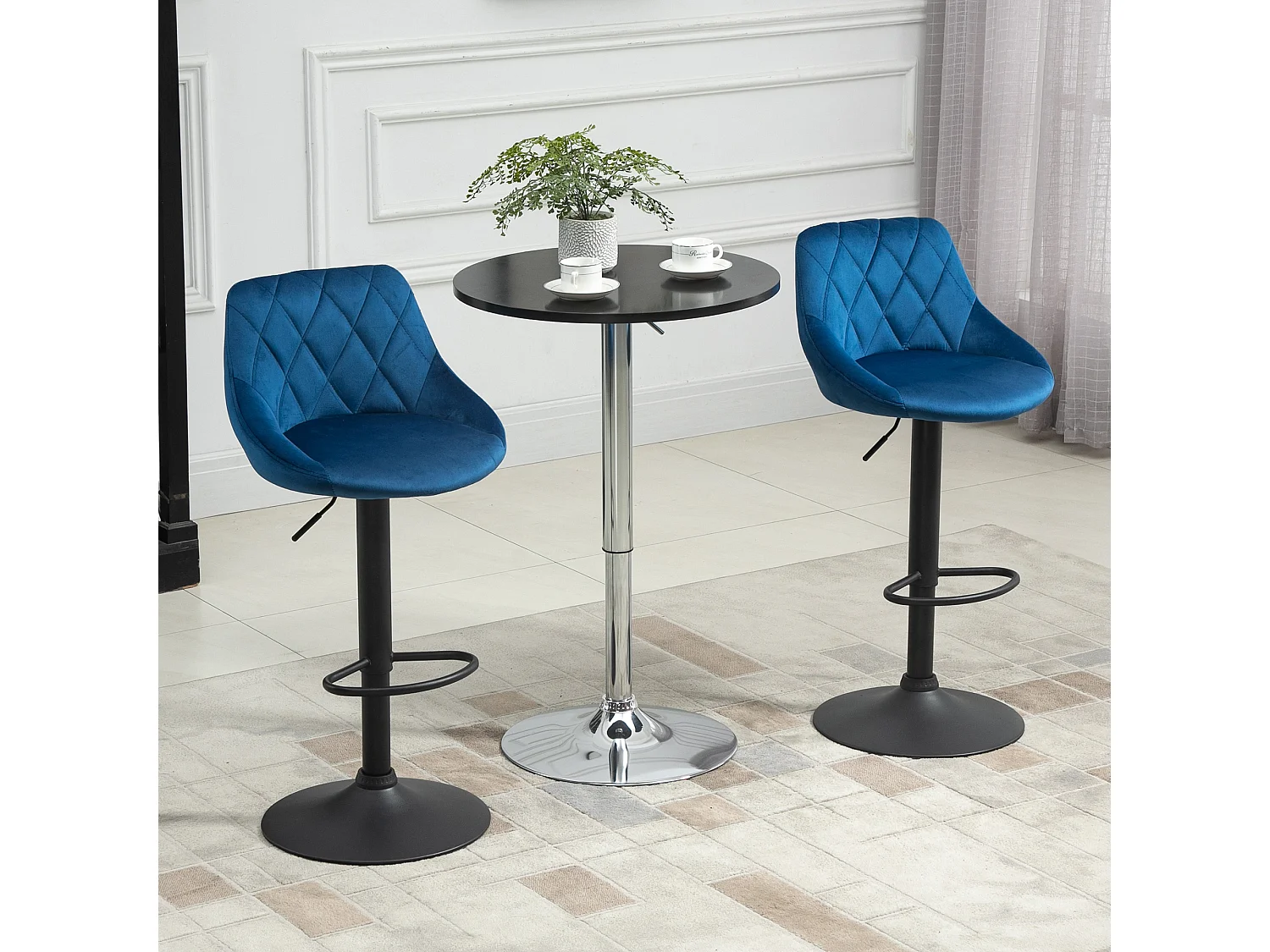 Set 2 Sgabelli da Bar Girevoli Velluto Blu Altezza Regolabile