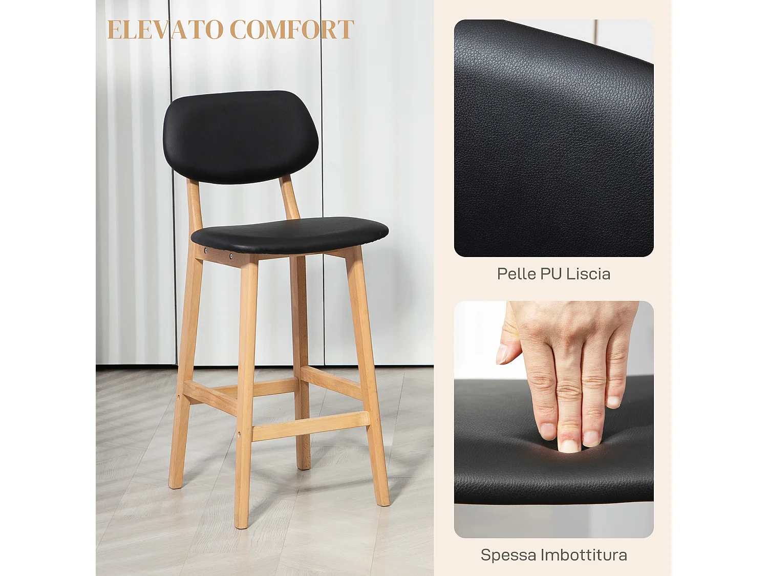 Set 2 sgabelli da bar con poggiapiedi e schienale in finta pelle nero