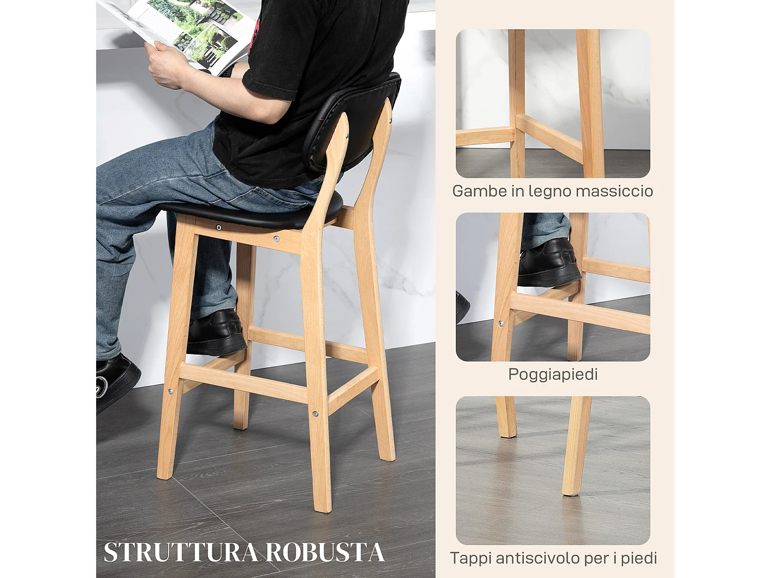 Set 2 sgabelli da bar con poggiapiedi e schienale in finta pelle nero