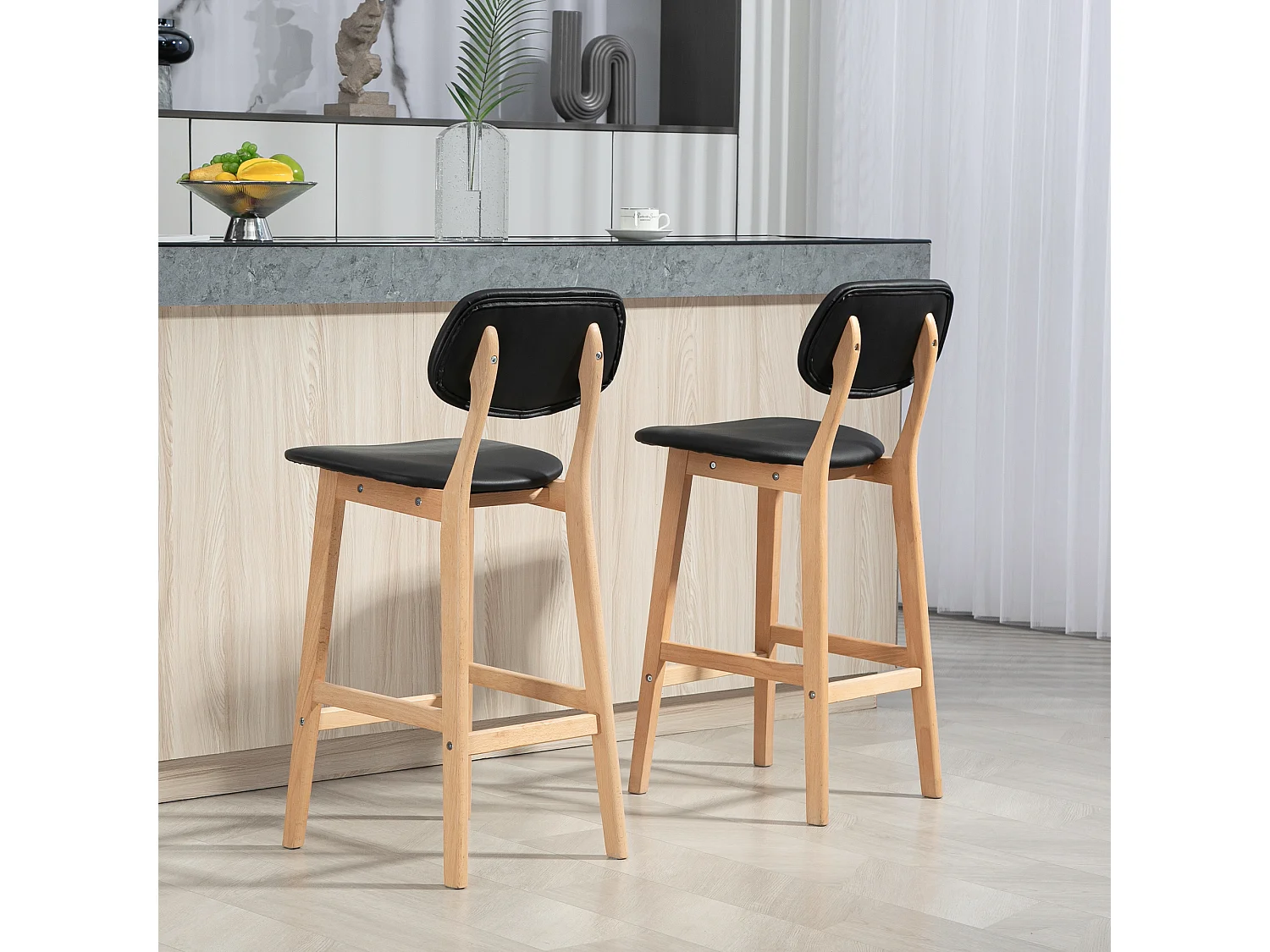 Set 2 sgabelli da bar con poggiapiedi e schienale in finta pelle nero