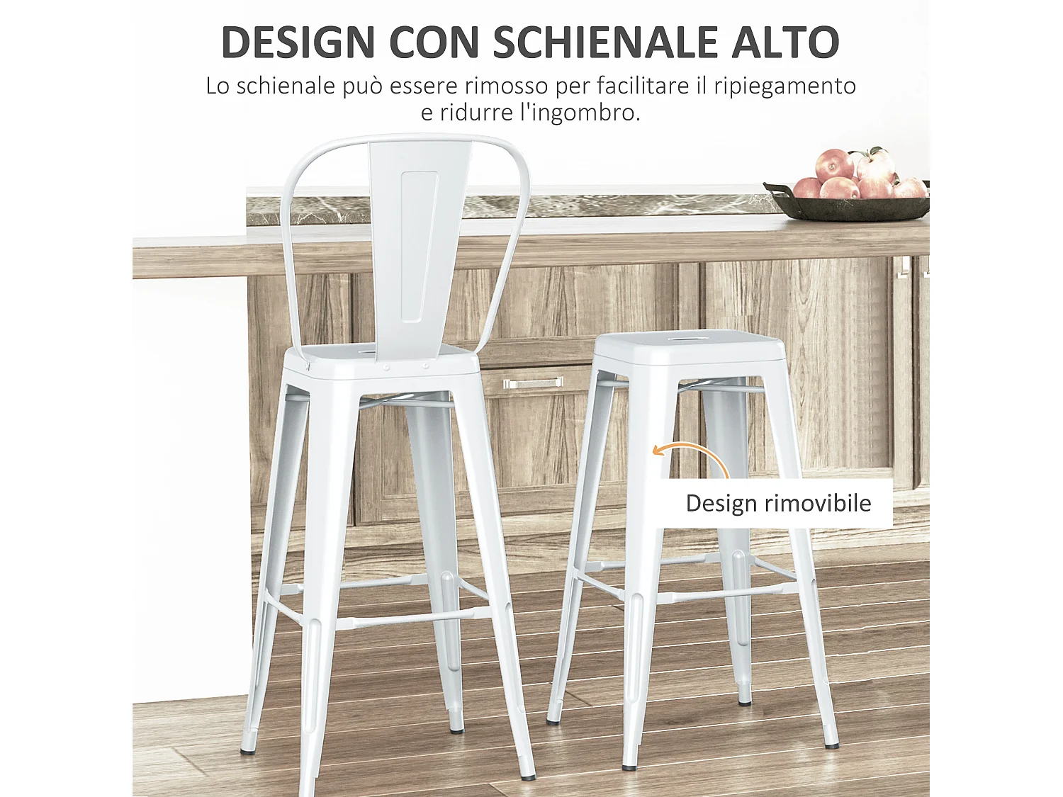 Set 2 sgabelli da bar impilabili con schienale rimovibile bianco