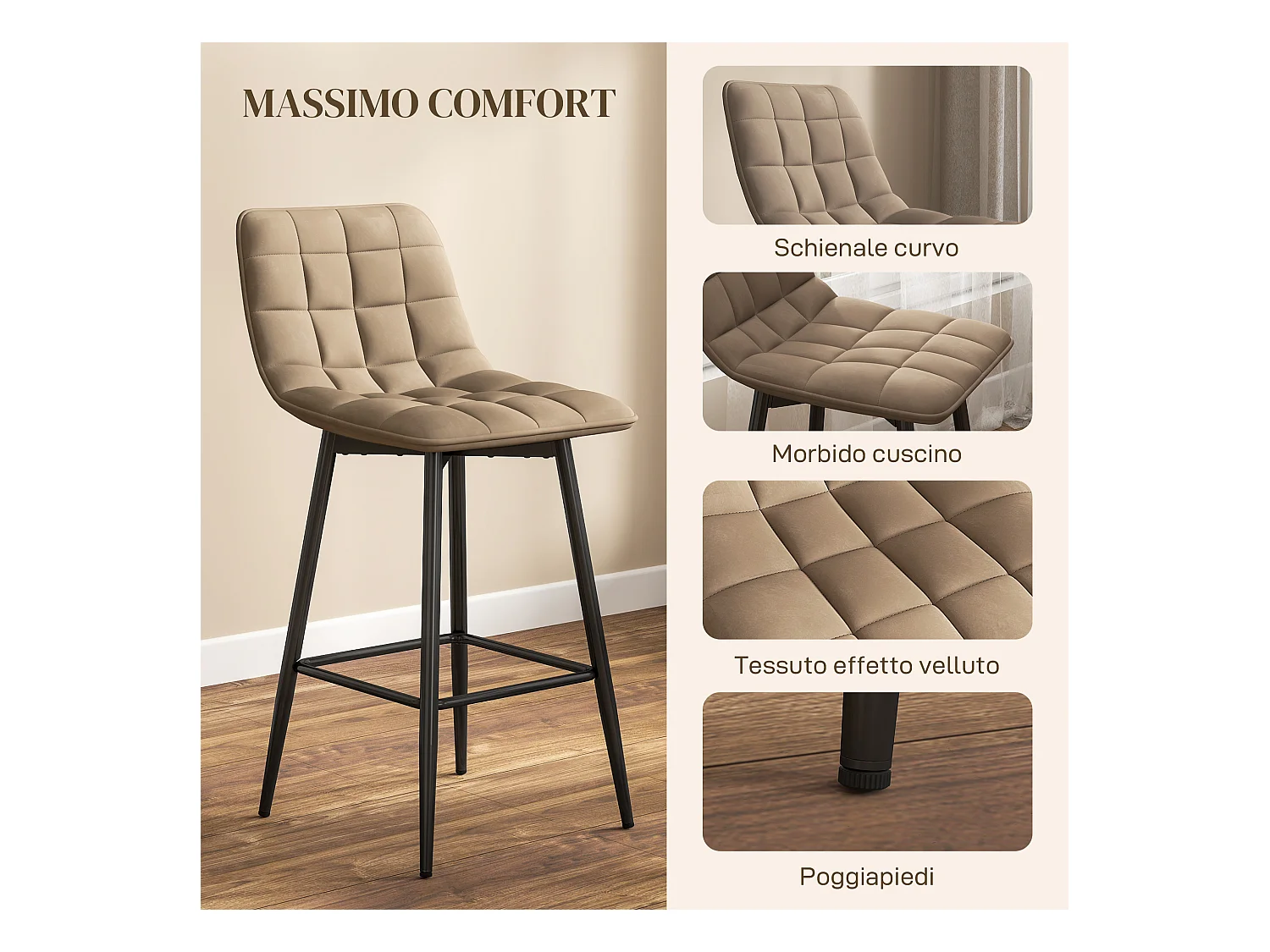 Set 2 sgabelli da cucina stile nordico effetto velluto marrone