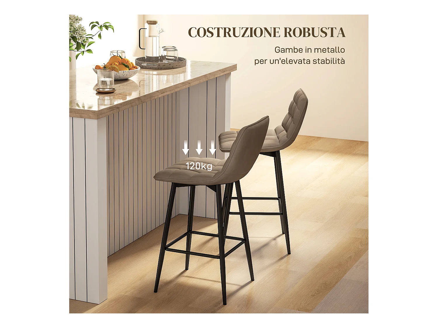 Set 2 sgabelli da cucina stile nordico effetto velluto marrone