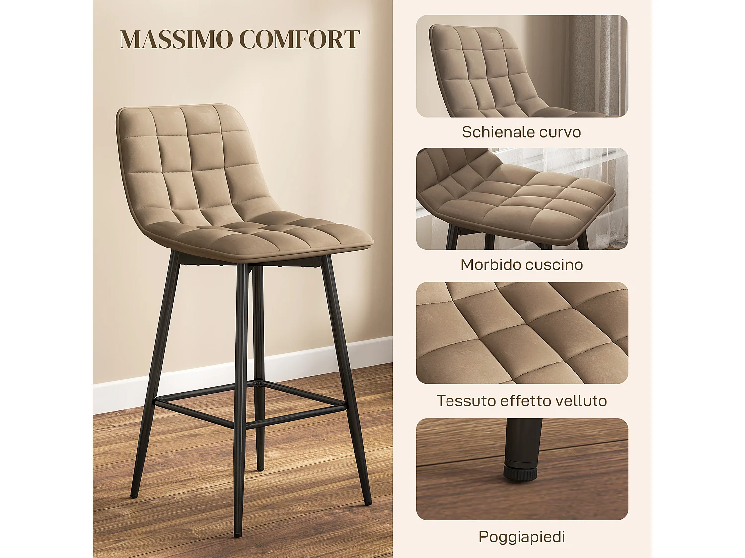 Set 2 sgabelli da cucina stile nordico effetto velluto marrone