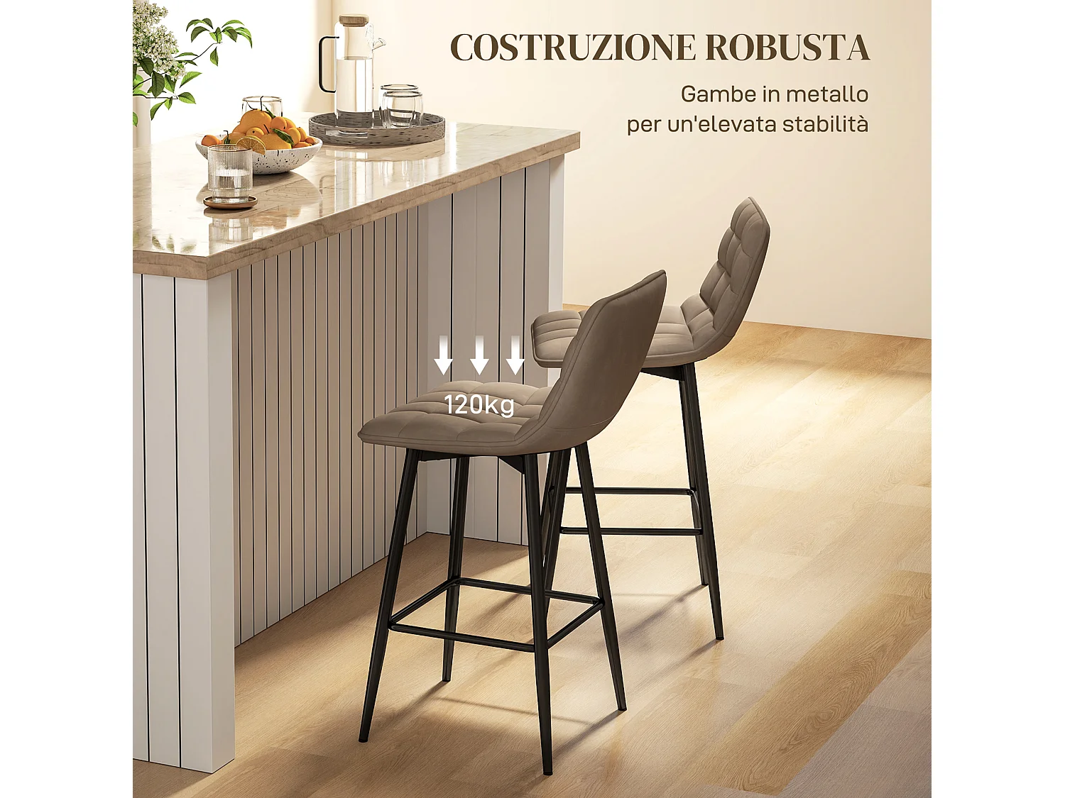 Set 2 sgabelli da cucina stile nordico effetto velluto marrone