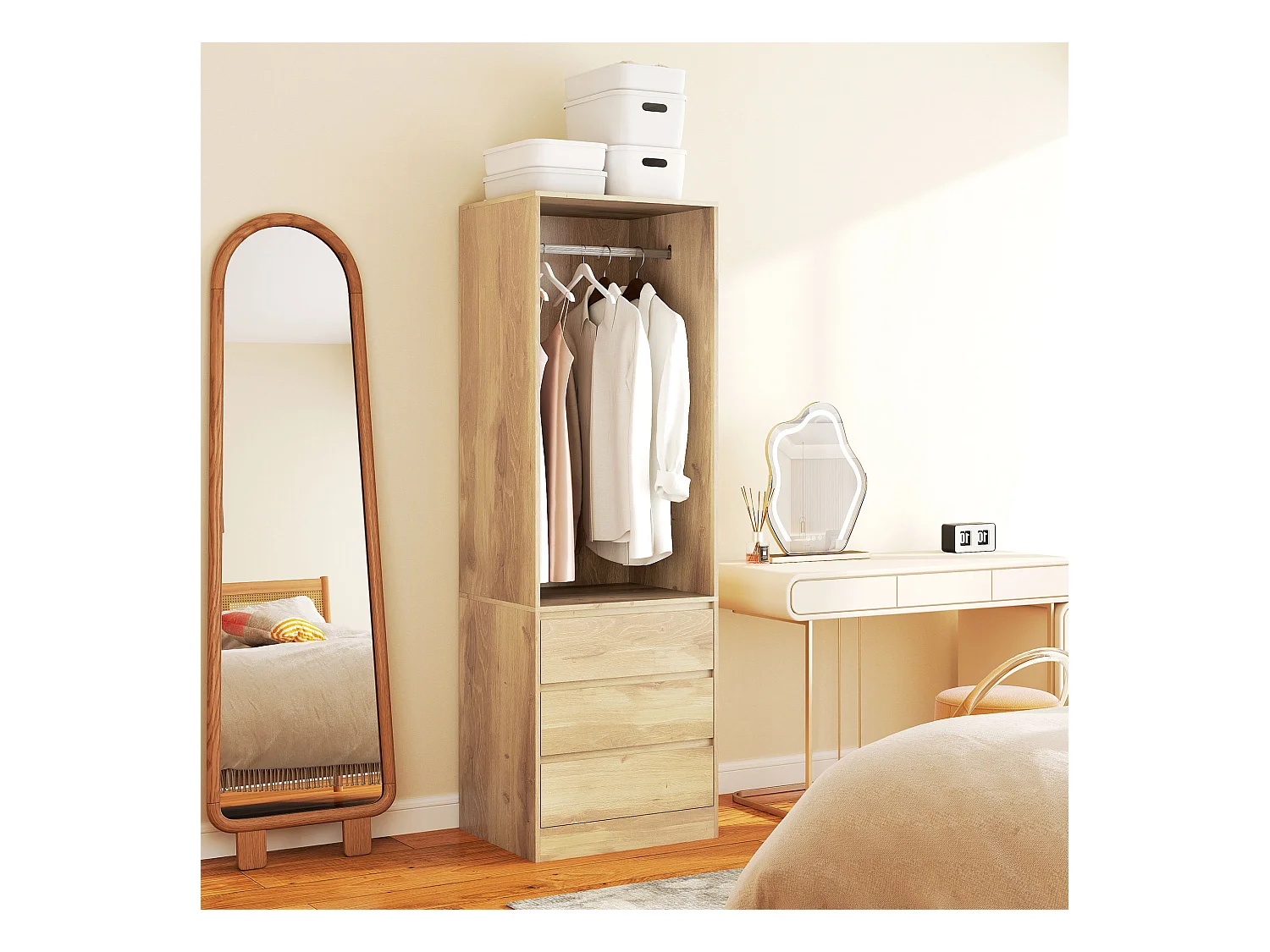 Armadio guardaroba con asta, ripiano aperto e 3 cassetti color teak