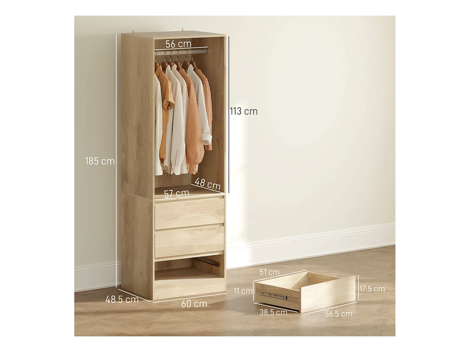 Armadio guardaroba con asta, ripiano aperto e 3 cassetti color teak