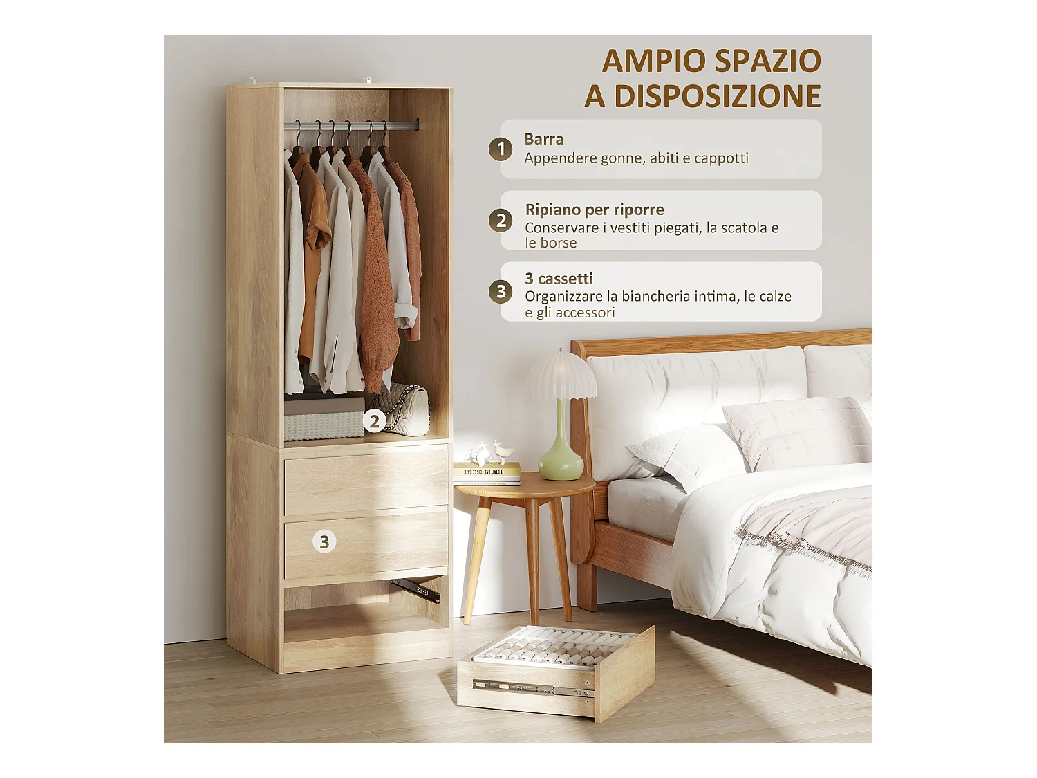 Armadio guardaroba con asta, ripiano aperto e 3 cassetti color teak