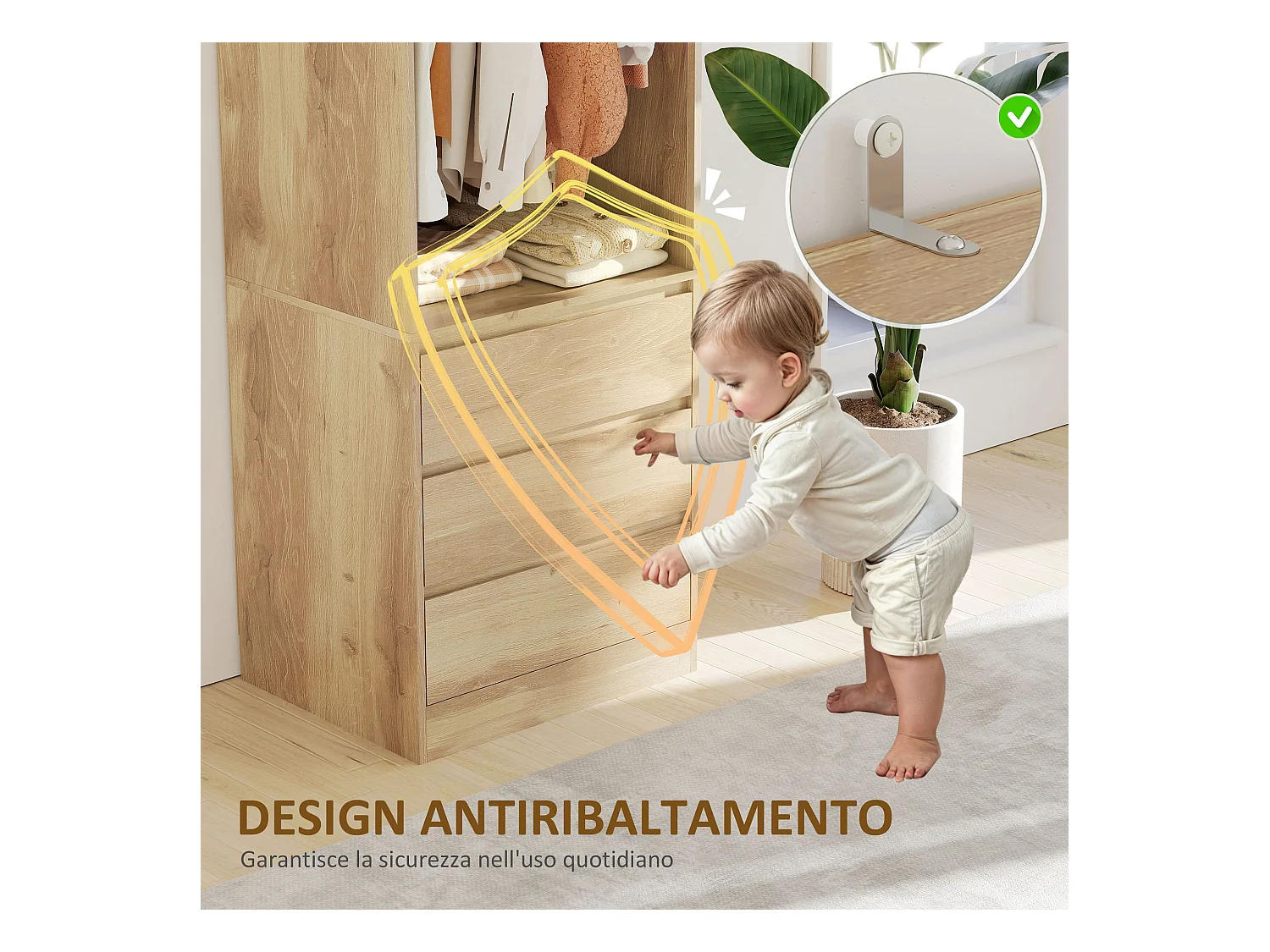 Armadio guardaroba con asta, ripiano aperto e 3 cassetti color teak