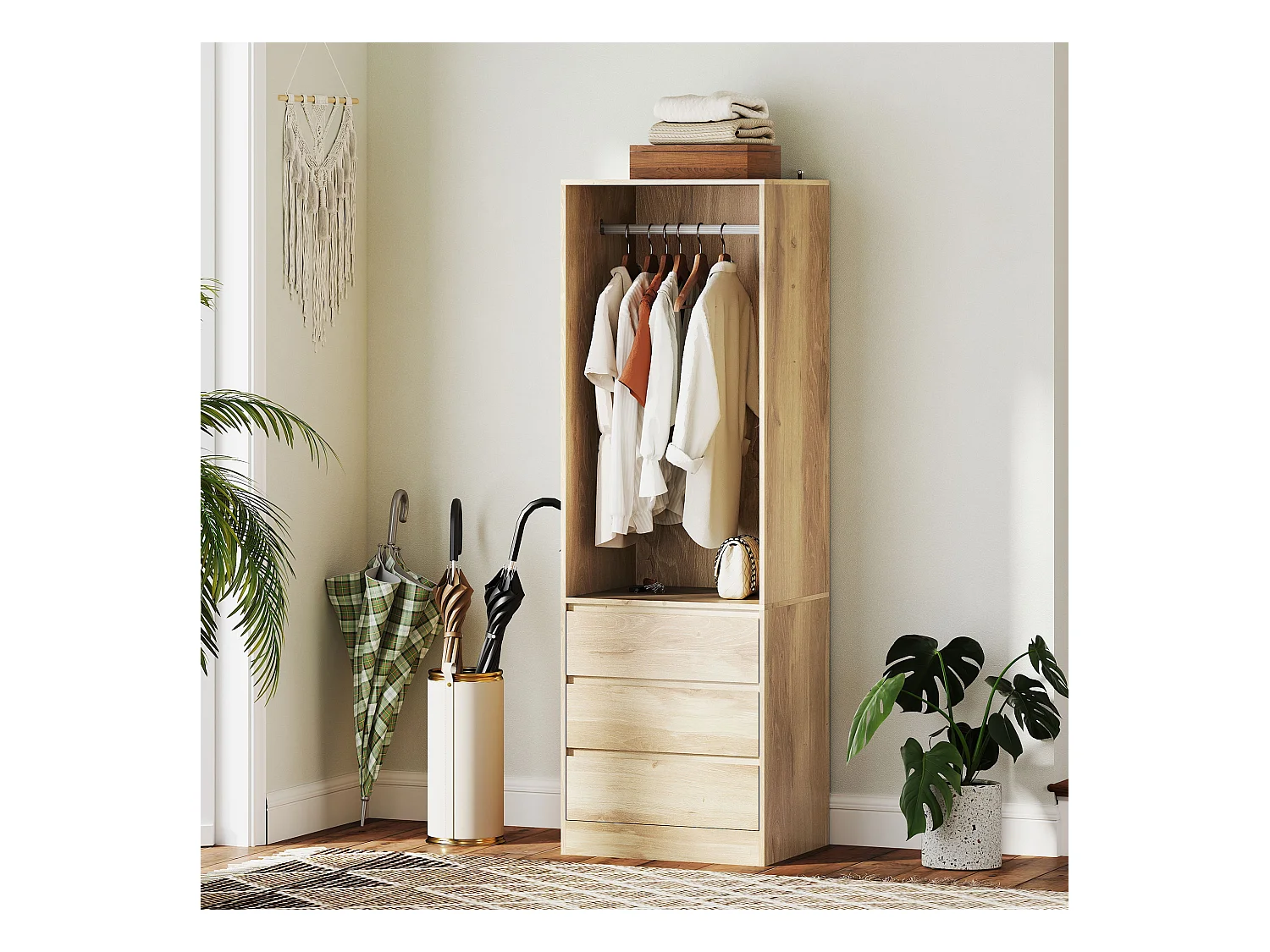 Armadio guardaroba con asta, ripiano aperto e 3 cassetti color teak