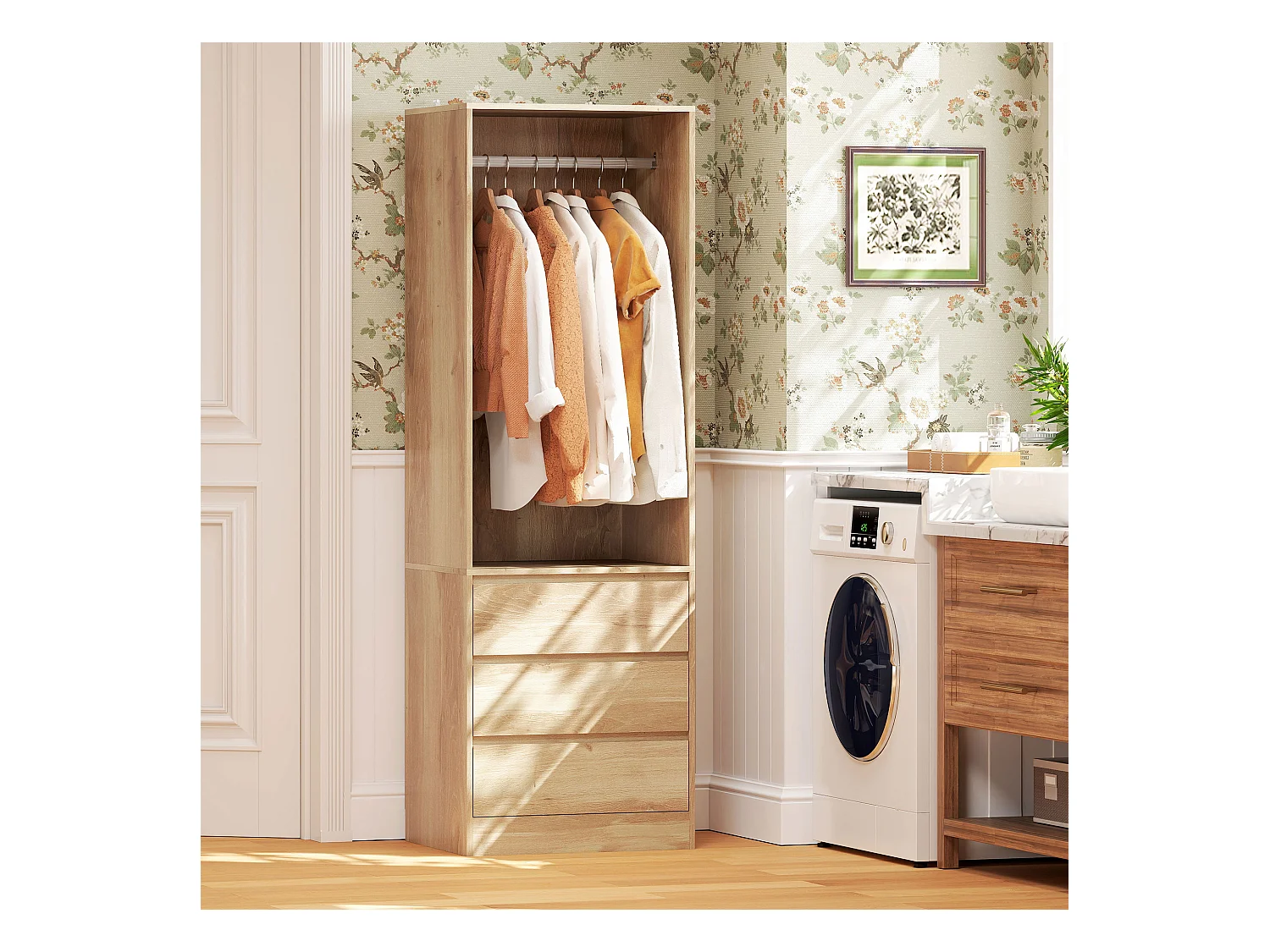 Armadio guardaroba con asta, ripiano aperto e 3 cassetti color teak