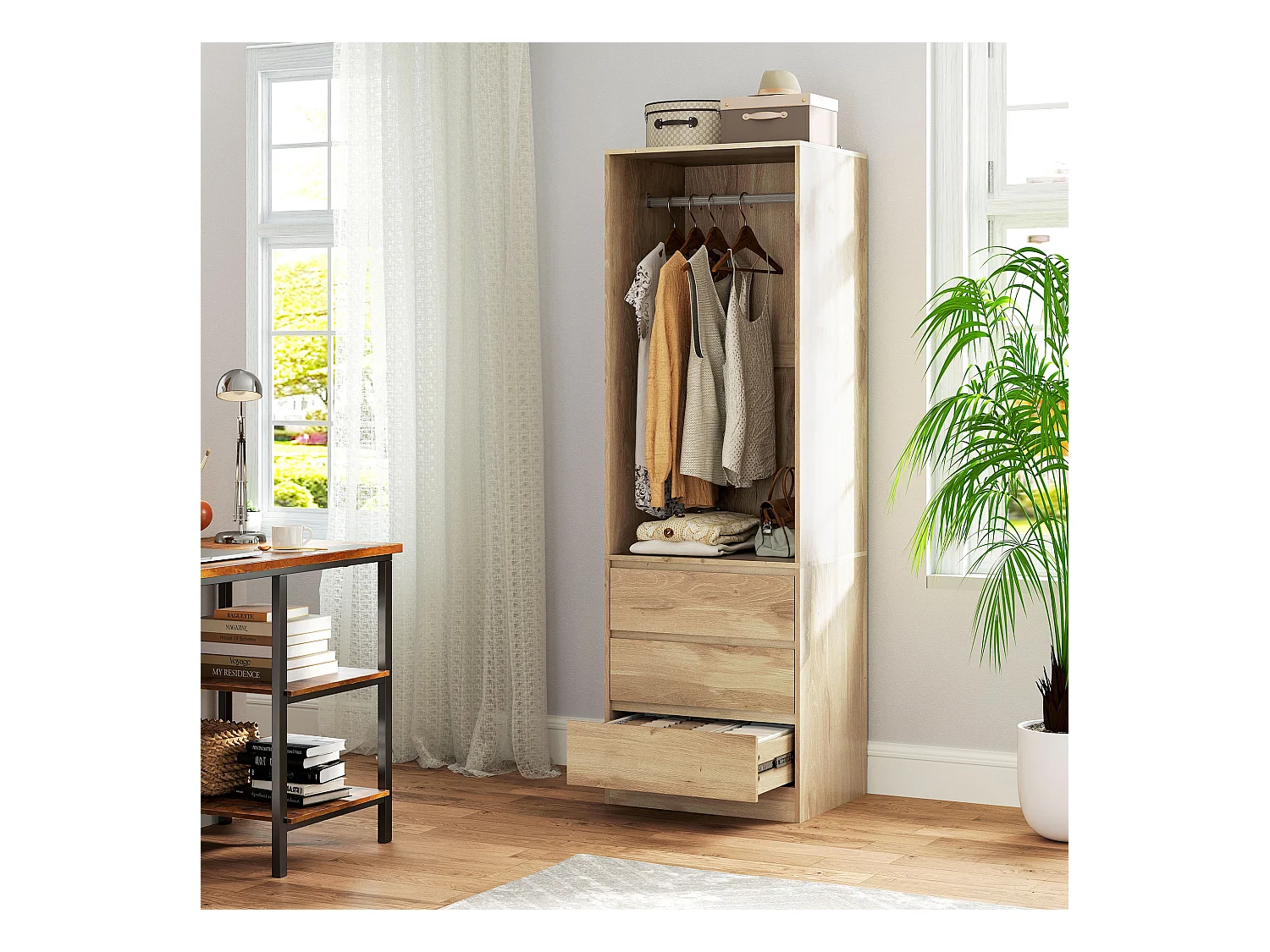 Armadio guardaroba con asta, ripiano aperto e 3 cassetti color teak