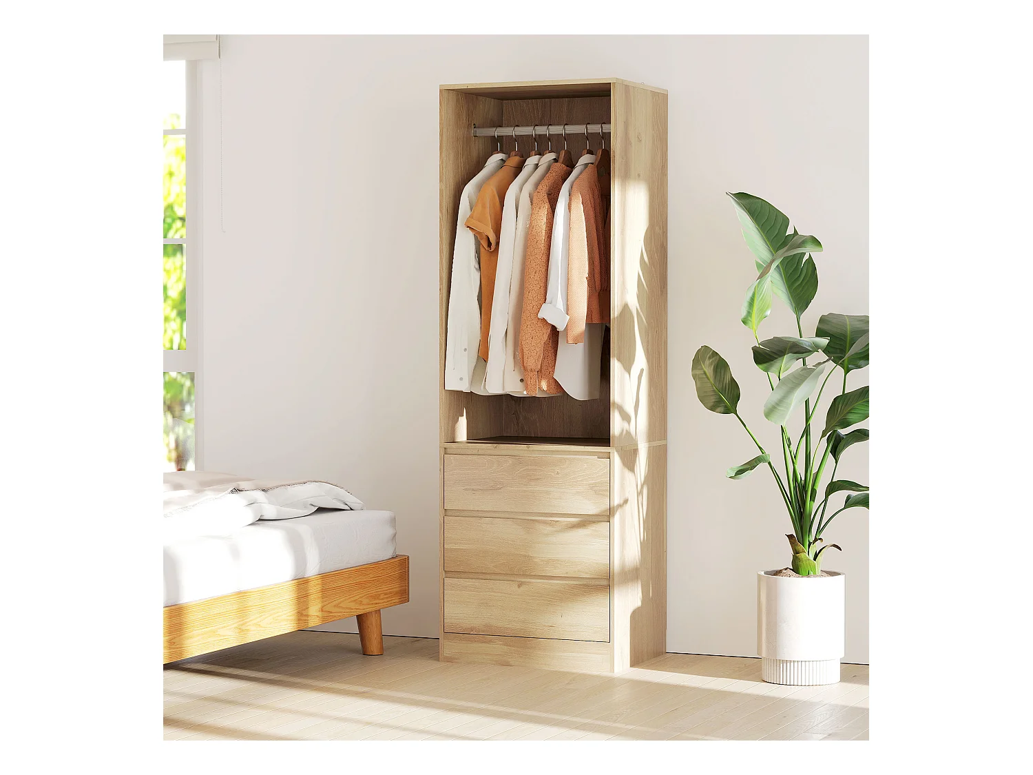 Armadio guardaroba con asta, ripiano aperto e 3 cassetti color teak